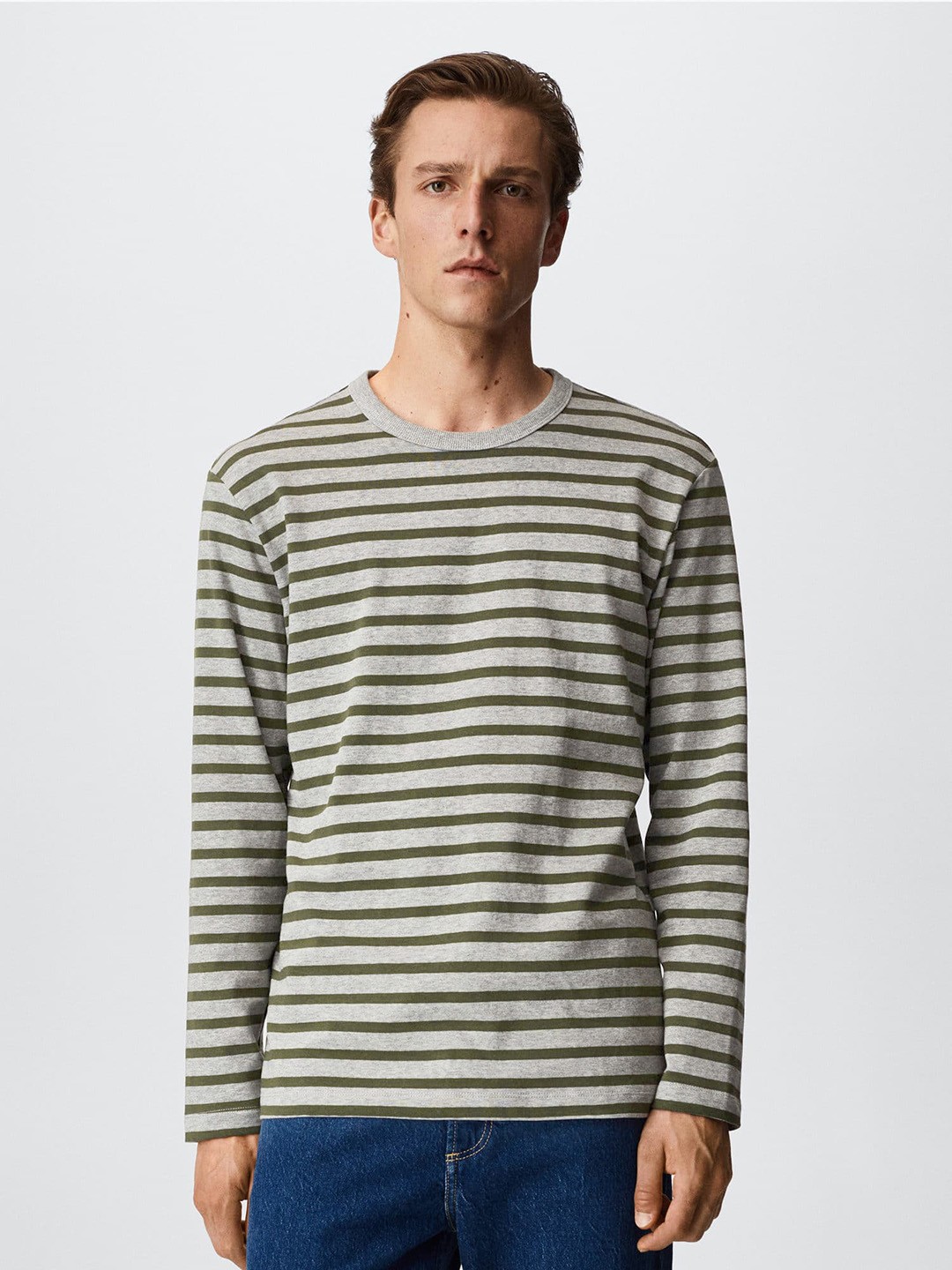 

MANGO MAN Men Grey & Olive Green Striped Sustainable T-shirt