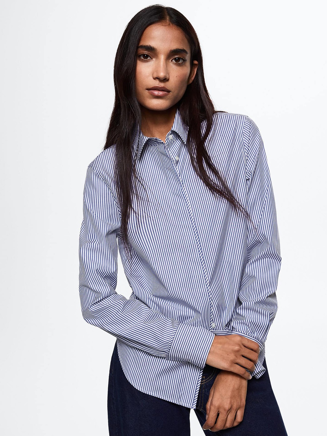 

MANGO Women Blue & White Pure Cotton Striped Casual Shirt