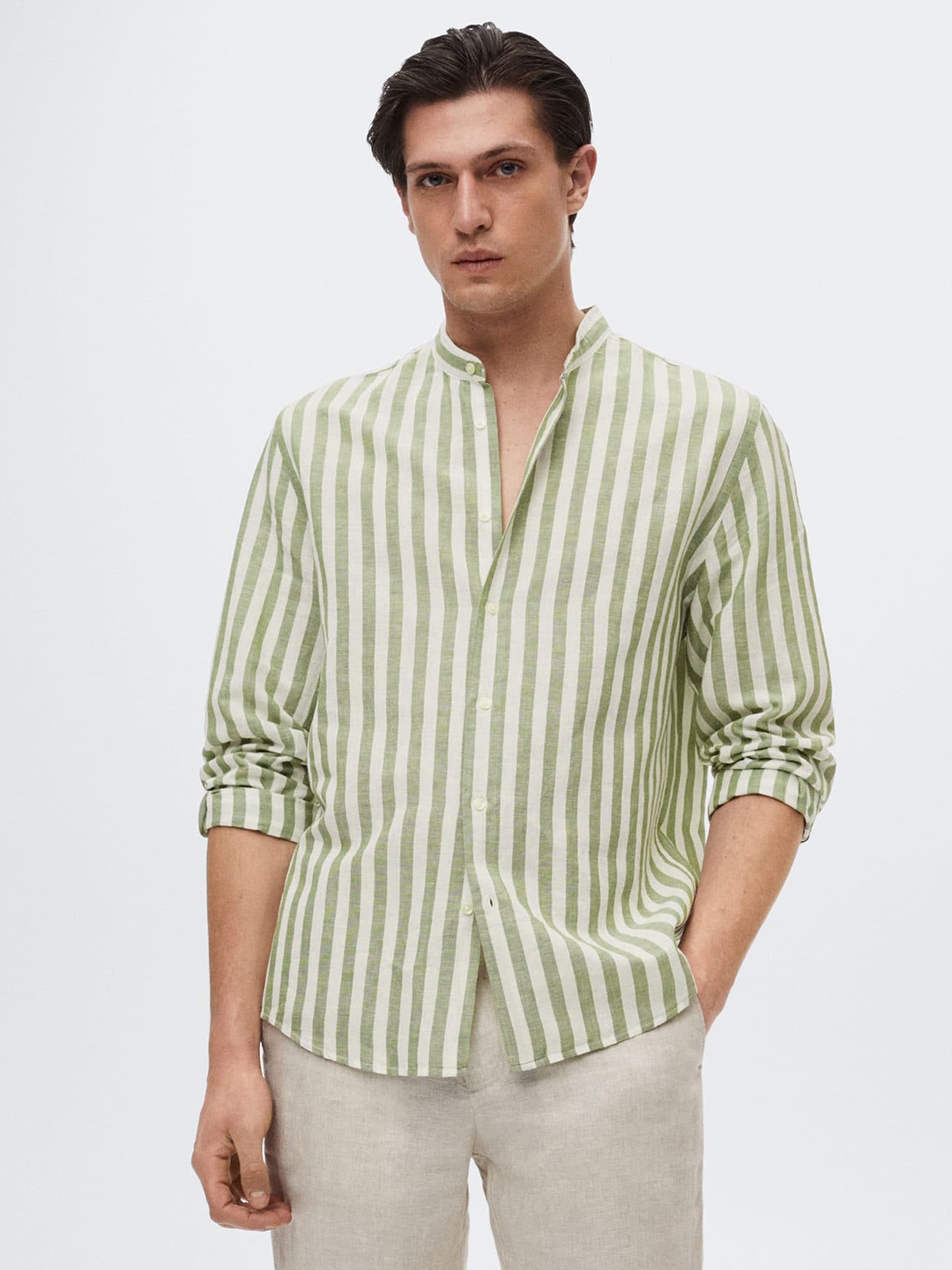 

MANGO MAN Men Olive Green & White Linen Cotton Striped Sustainable Casual Shirt