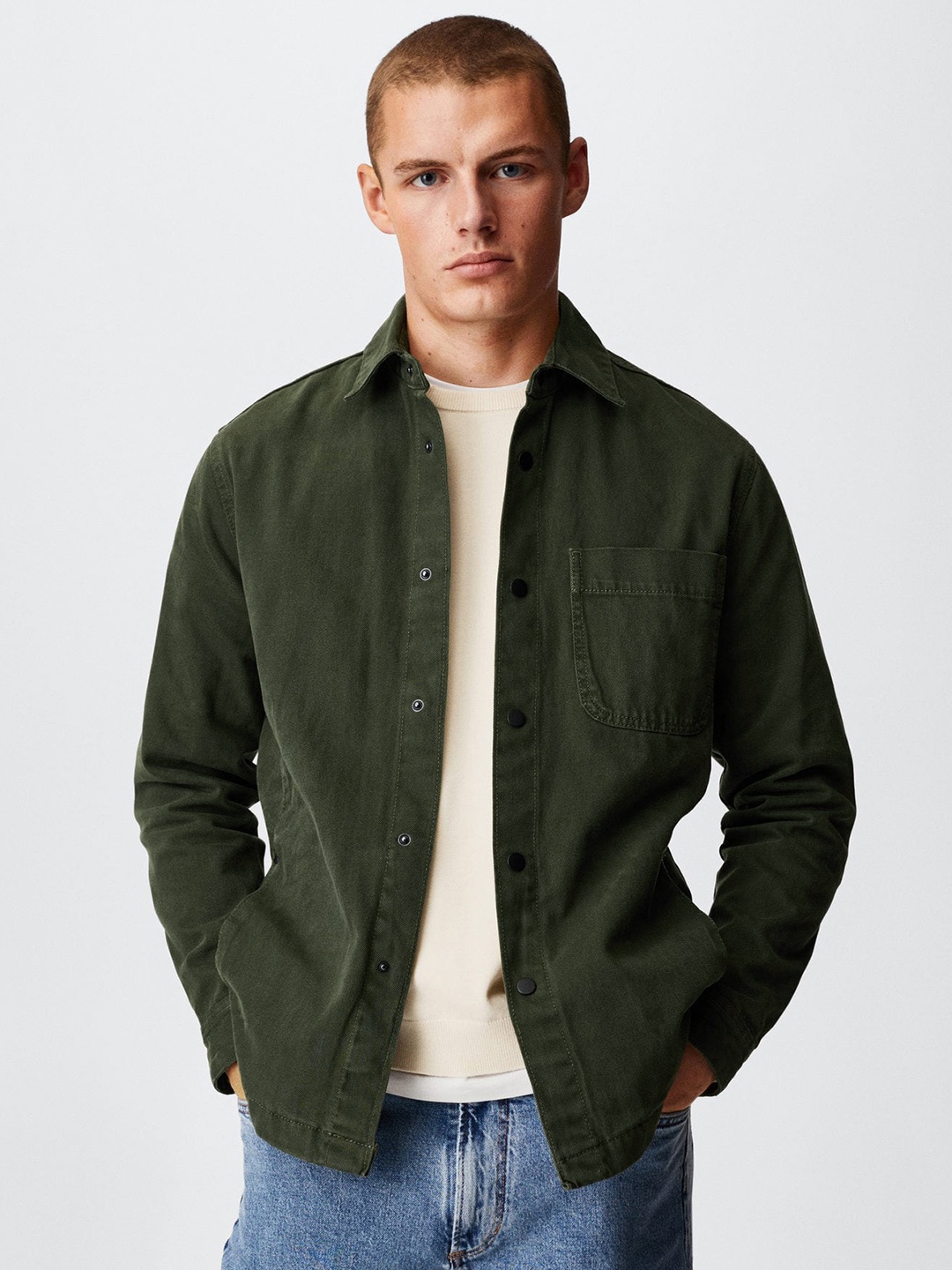 

MANGO MAN Olive Green Solid Pure Cotton Sustainable Denim Shacket