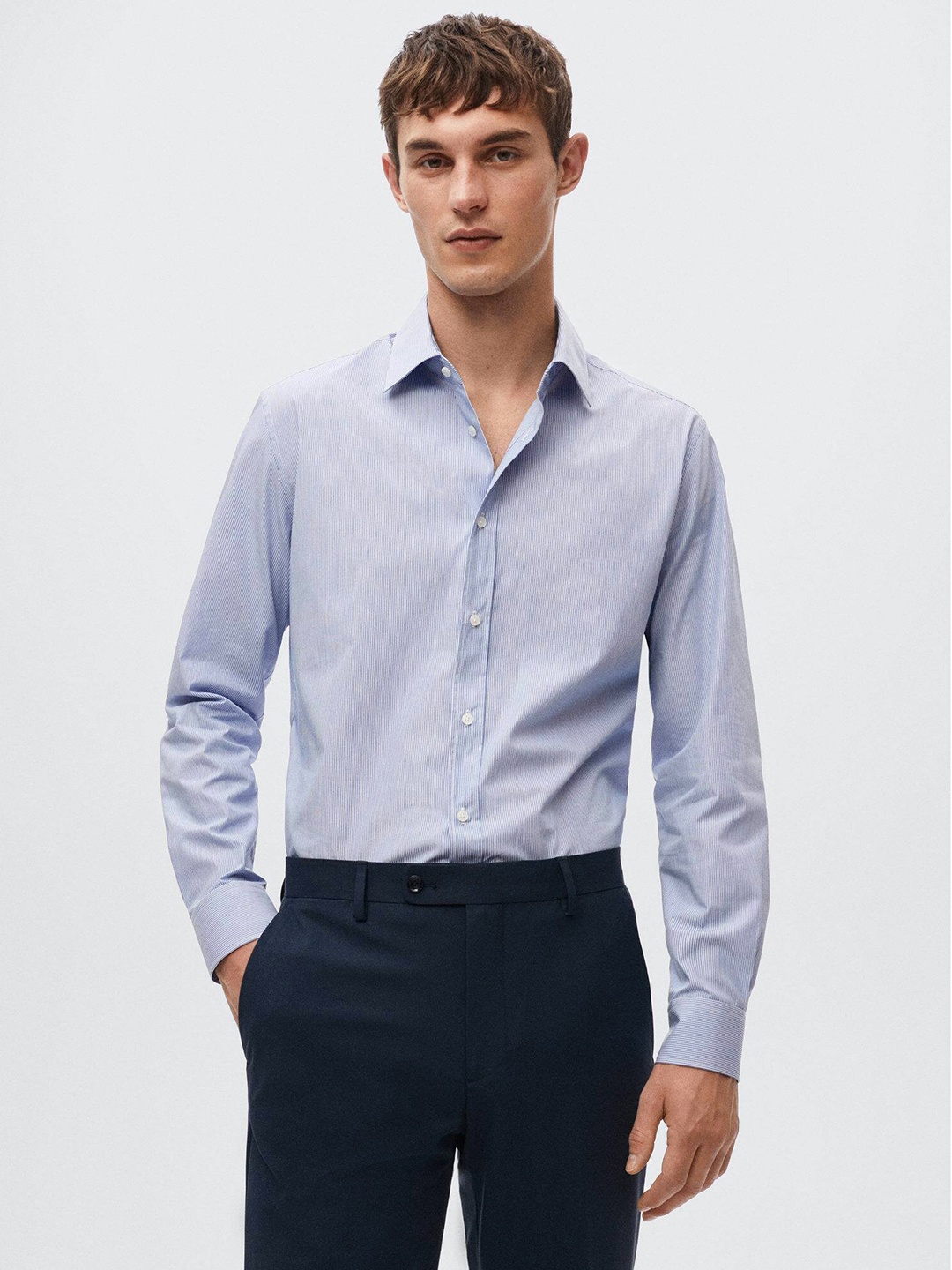 

MANGO MAN Blue & White Pure Cotton Slim Fit Striped Sustainable Formal Shirt