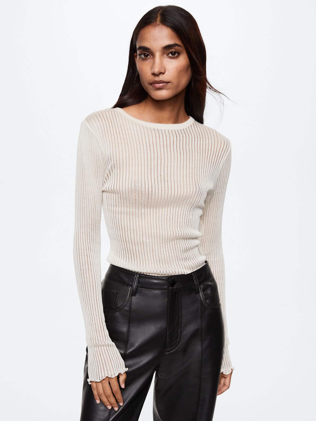 

MANGO Women Off White Self Striped Silk Sheer T-shirt