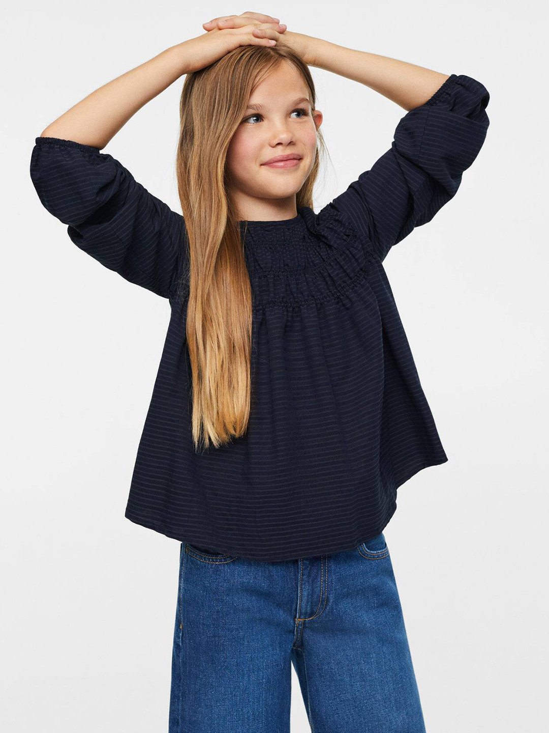 

Mango Kids Girls Navy Blue Striped Smocked Puff Sleeves Top