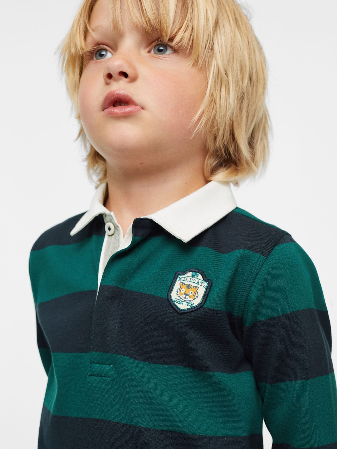 

Mango Kids Boys Green Pure Cotton Striped Polo Collar Applique Sustainable T-shirt