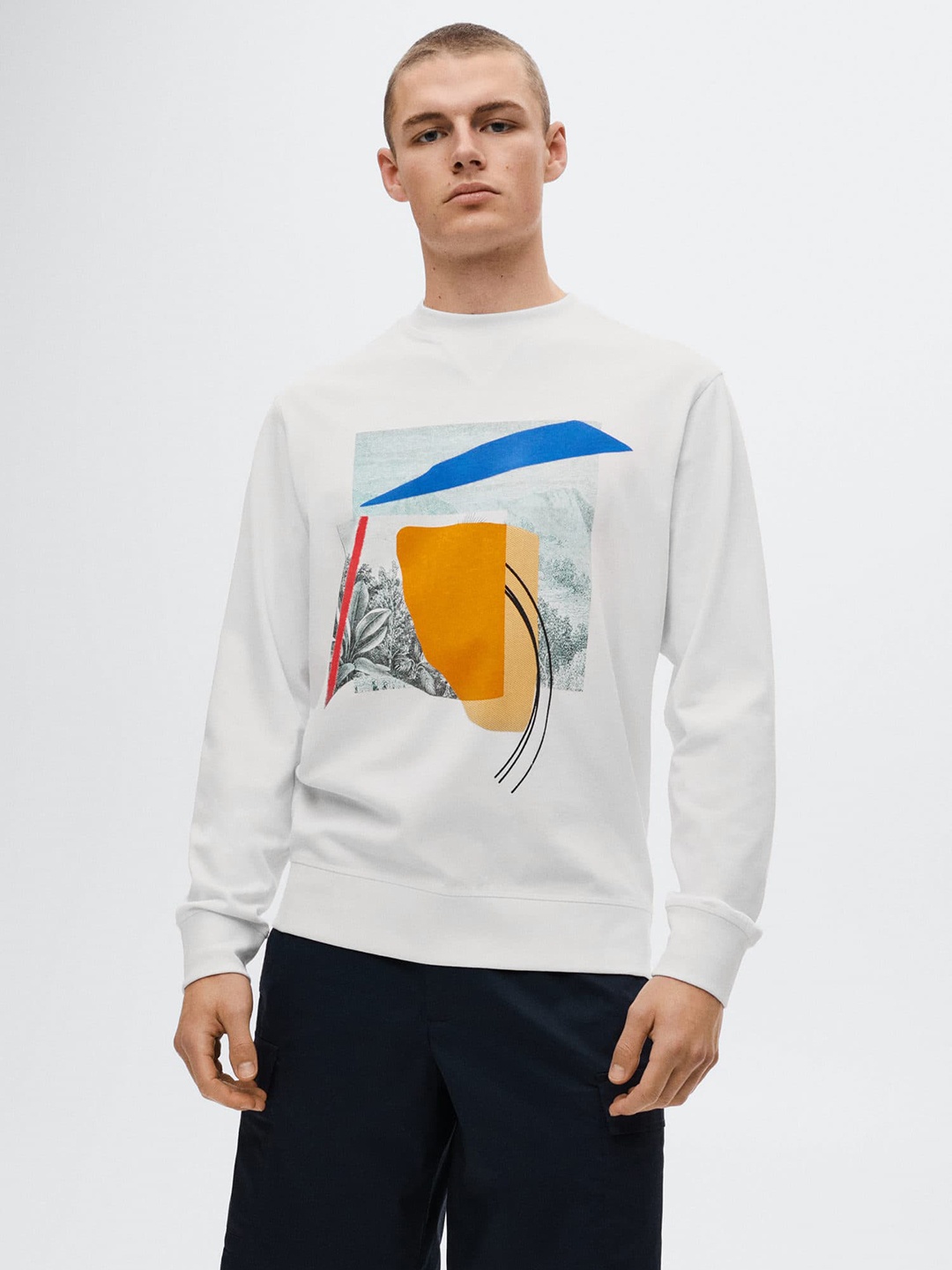 

MANGO MAN White & Orange Printed Pure Cotton Sweatshirt