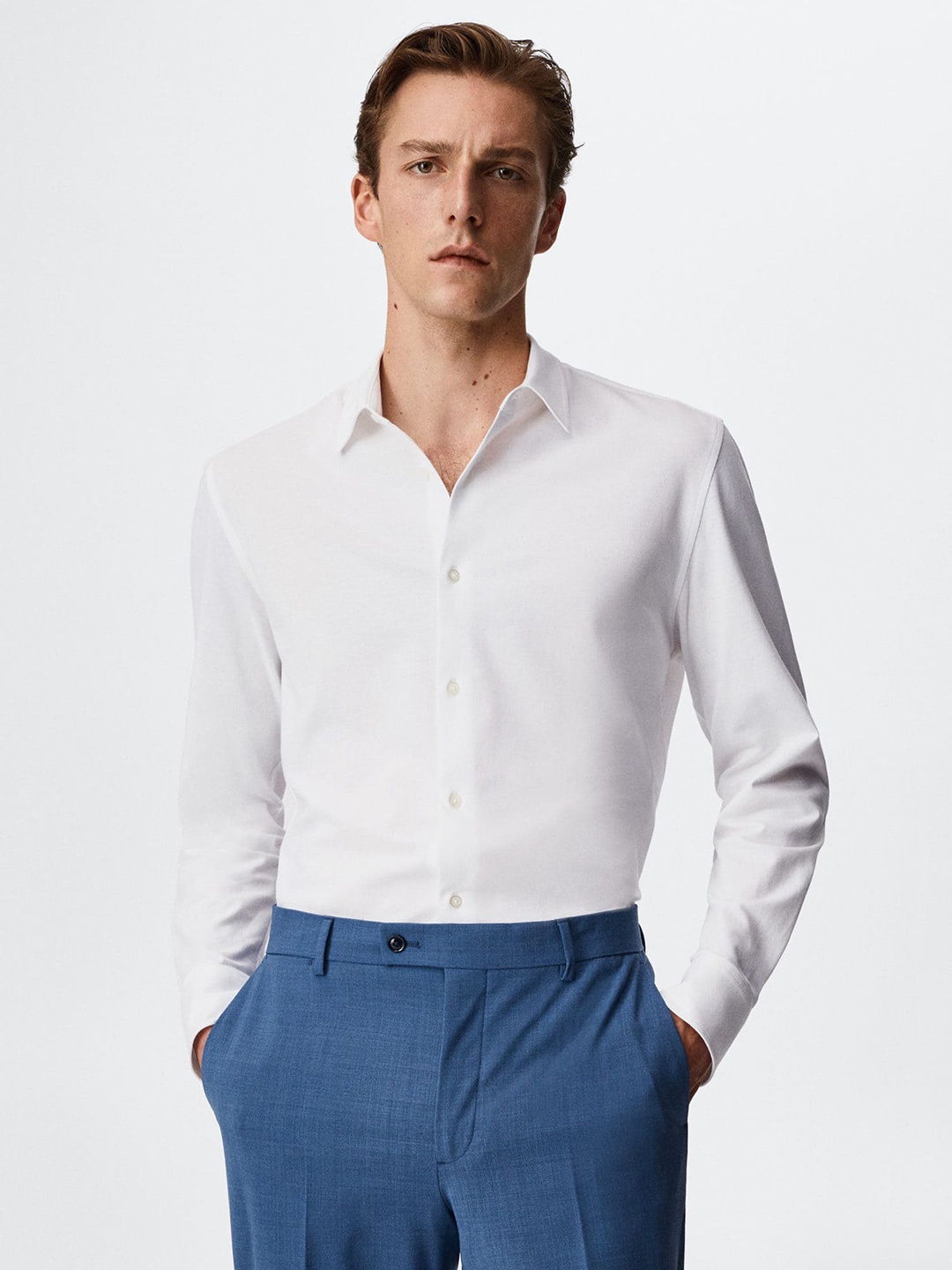 

MANGO MAN White Solid Slim Fit Pure Cotton Sustainable Formal Shirt