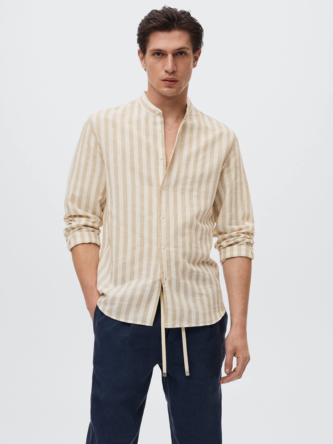

MANGO MAN Men Beige & White Linen Cotton Striped Sustainable Casual Shirt