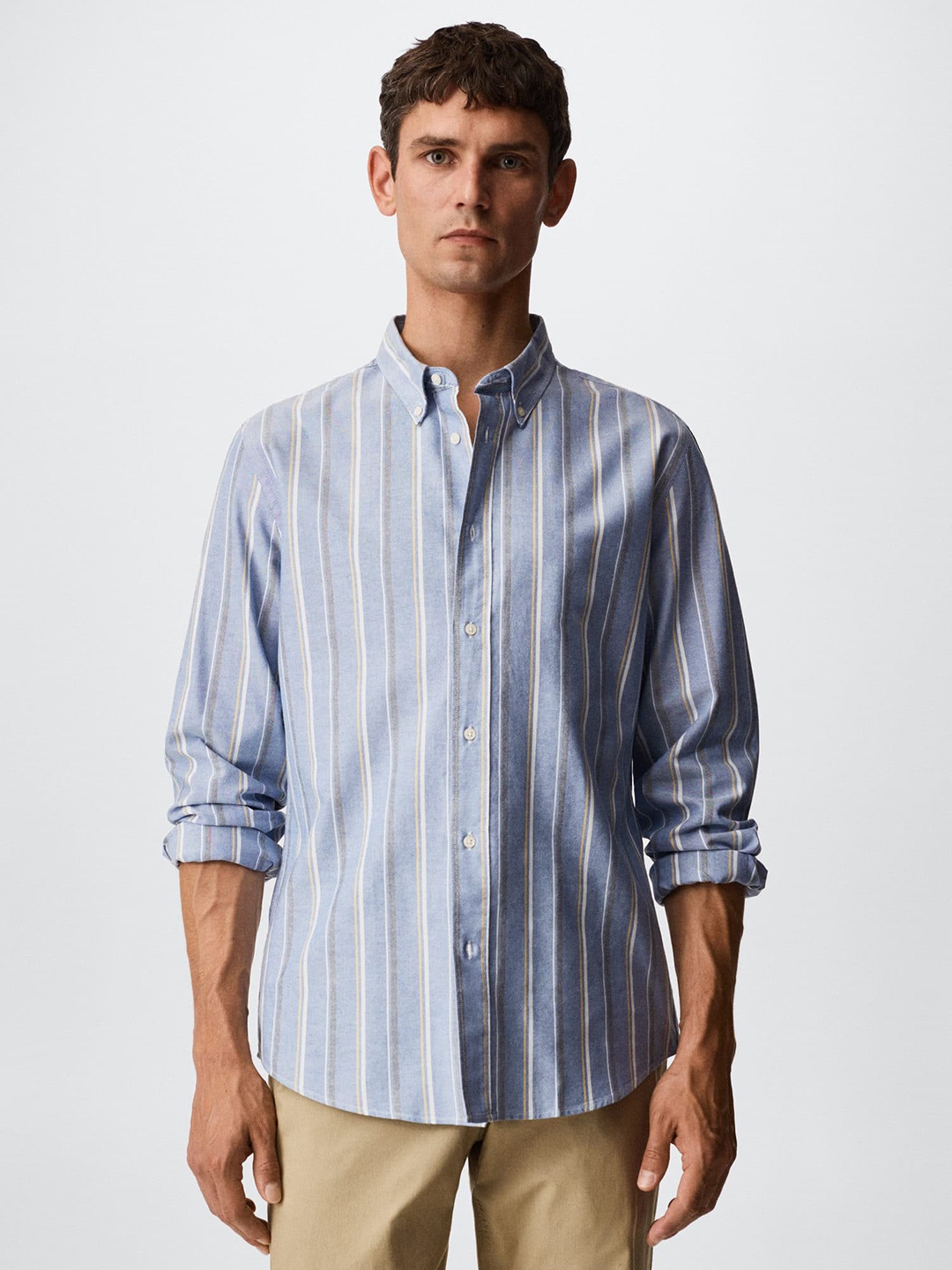 

MANGO MAN Blue Pure Cotton Slim Fit Striped Sustainable Casual Shirt
