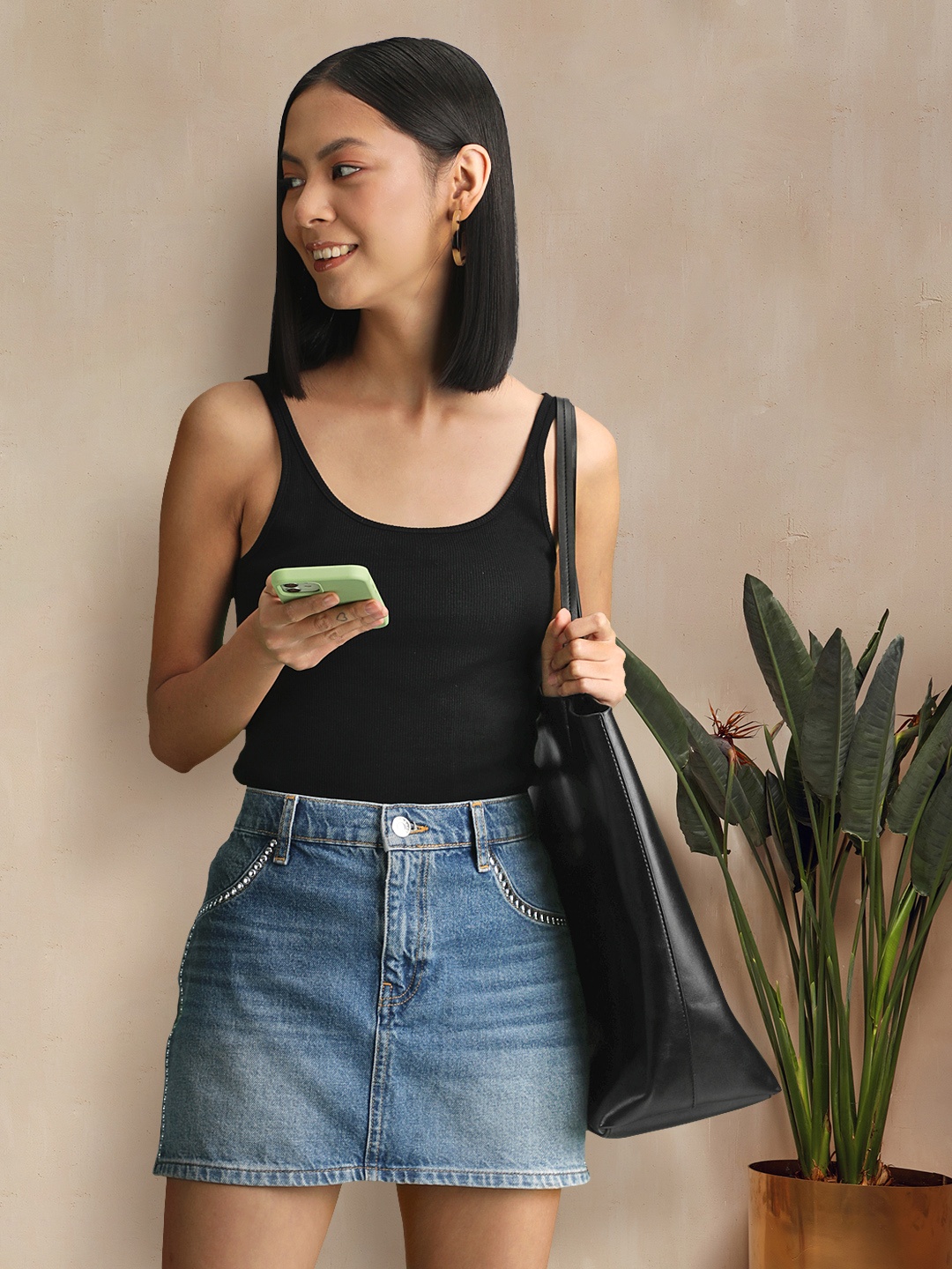 

MANGO Black Solid Ribbed Tank Sustainable Top