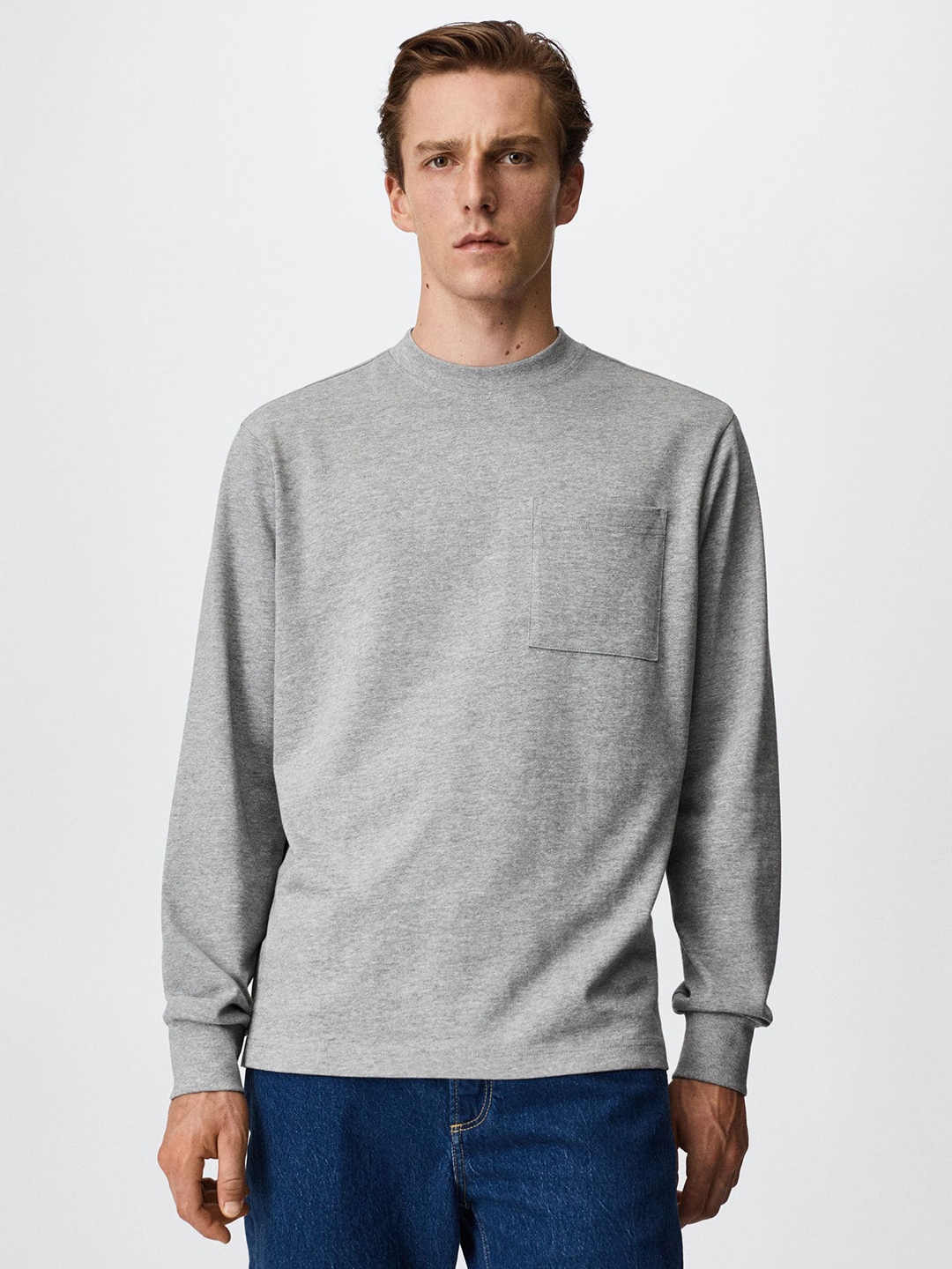 

MANGO MAN Grey Melange Henley Neck Pocket Sustainable T-shirt