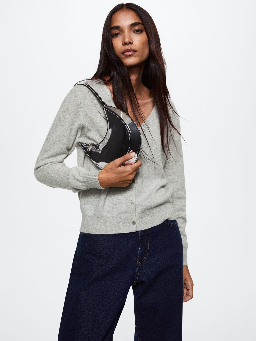 

MANGO Women Solid Pure Cashmere Cardigan, Grey melange