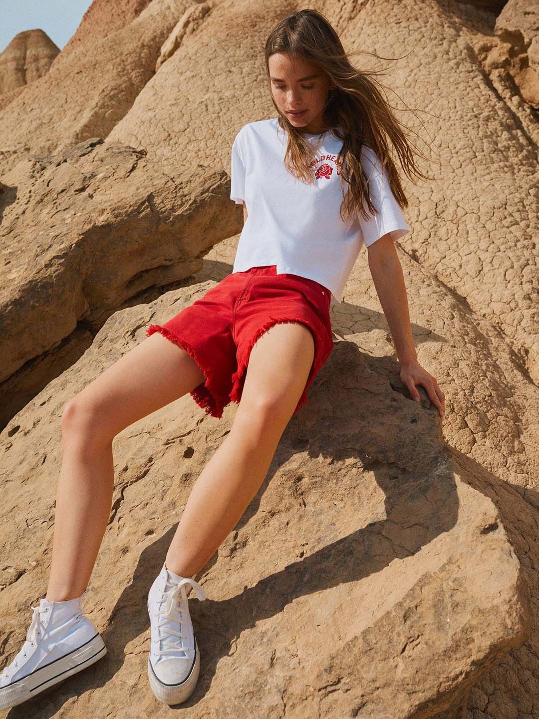 

Mango Kids Girls Red Solid Sustainable Pure Cotton Denim Shorts