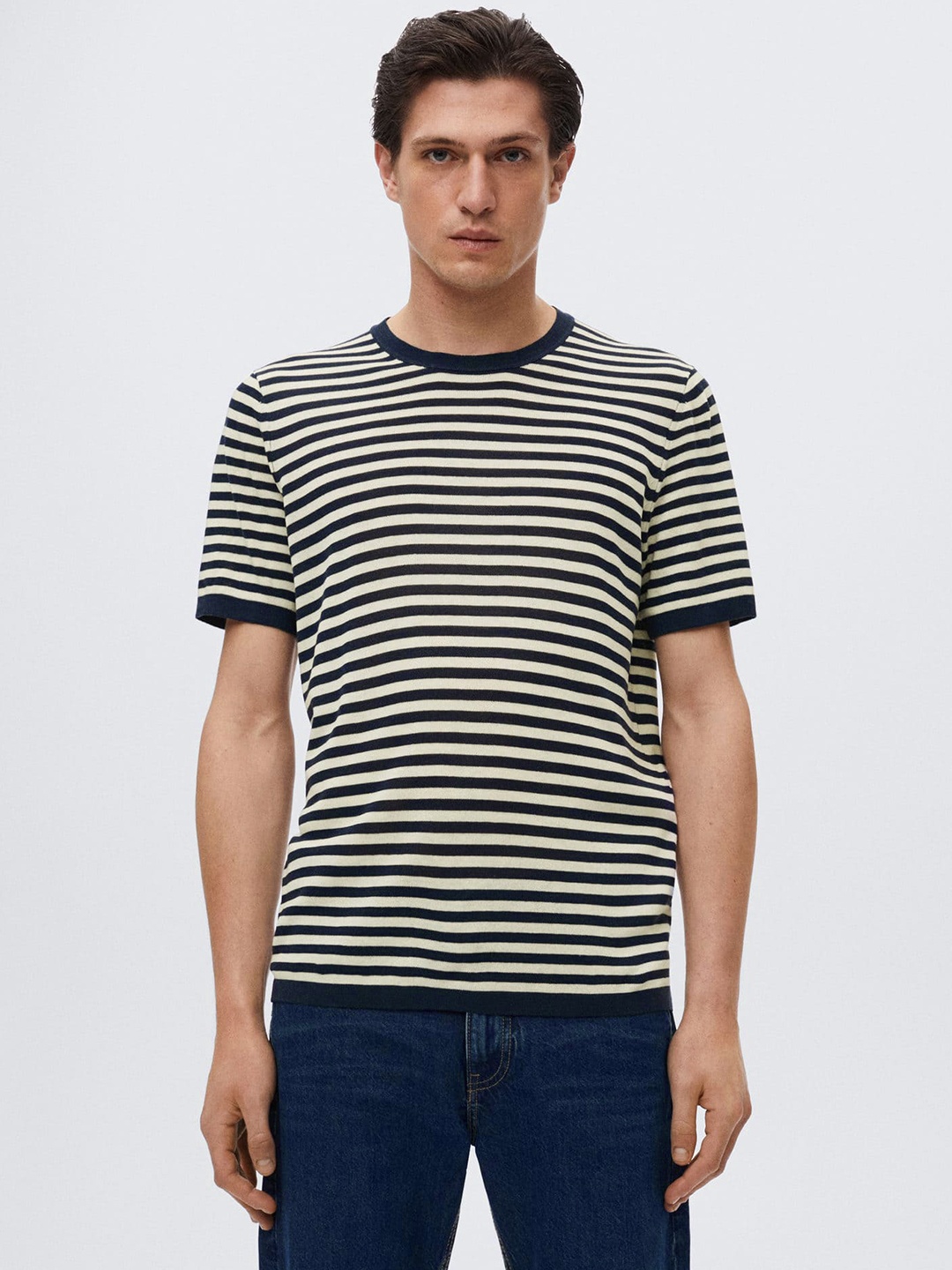 

MANGO MAN Off White & Navy Blue Striped Sustainable T-shirt
