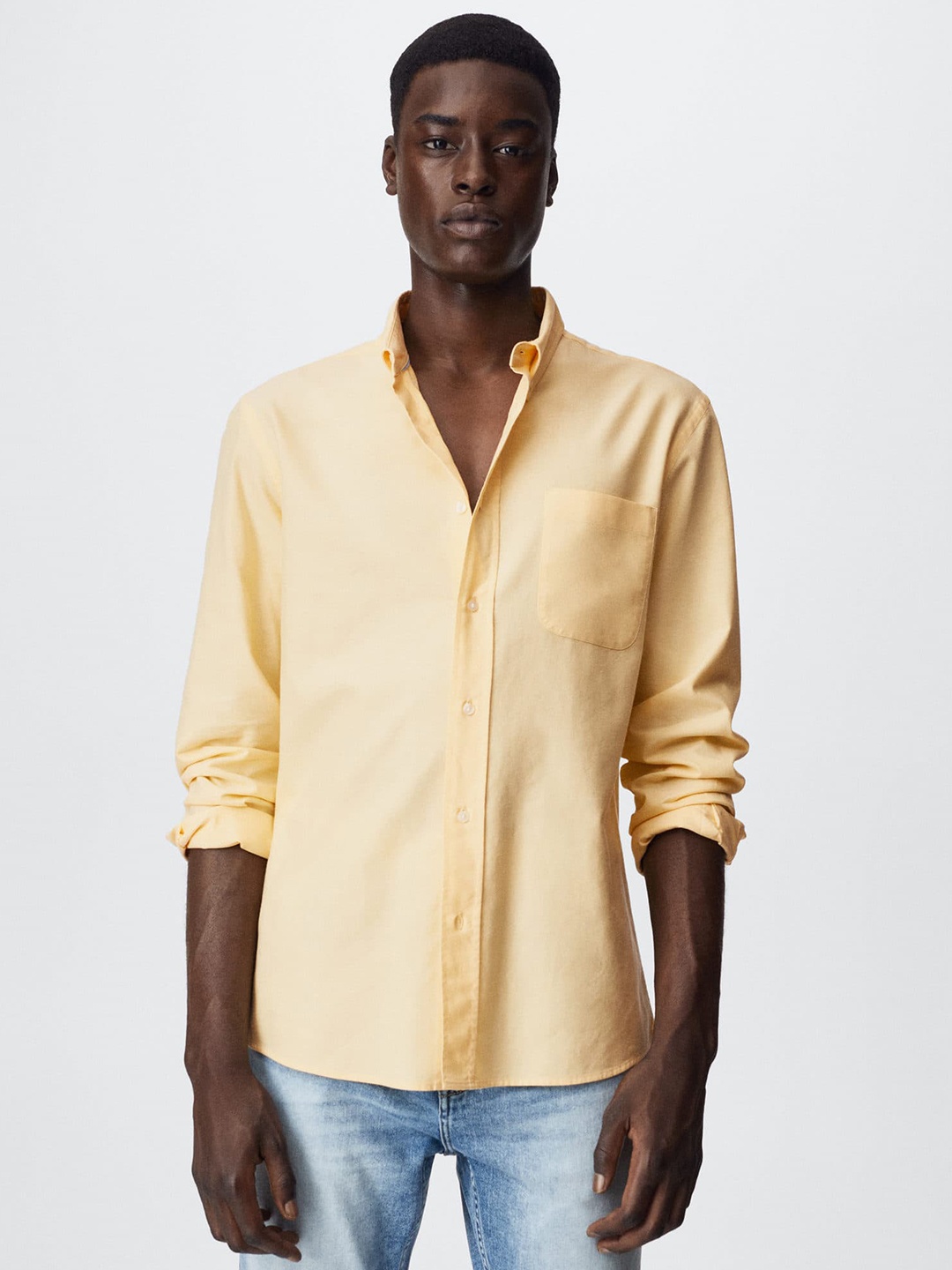 

MANGO MAN Yellow Pure Cotton Solid Oxford Sustainable Casual Shirt