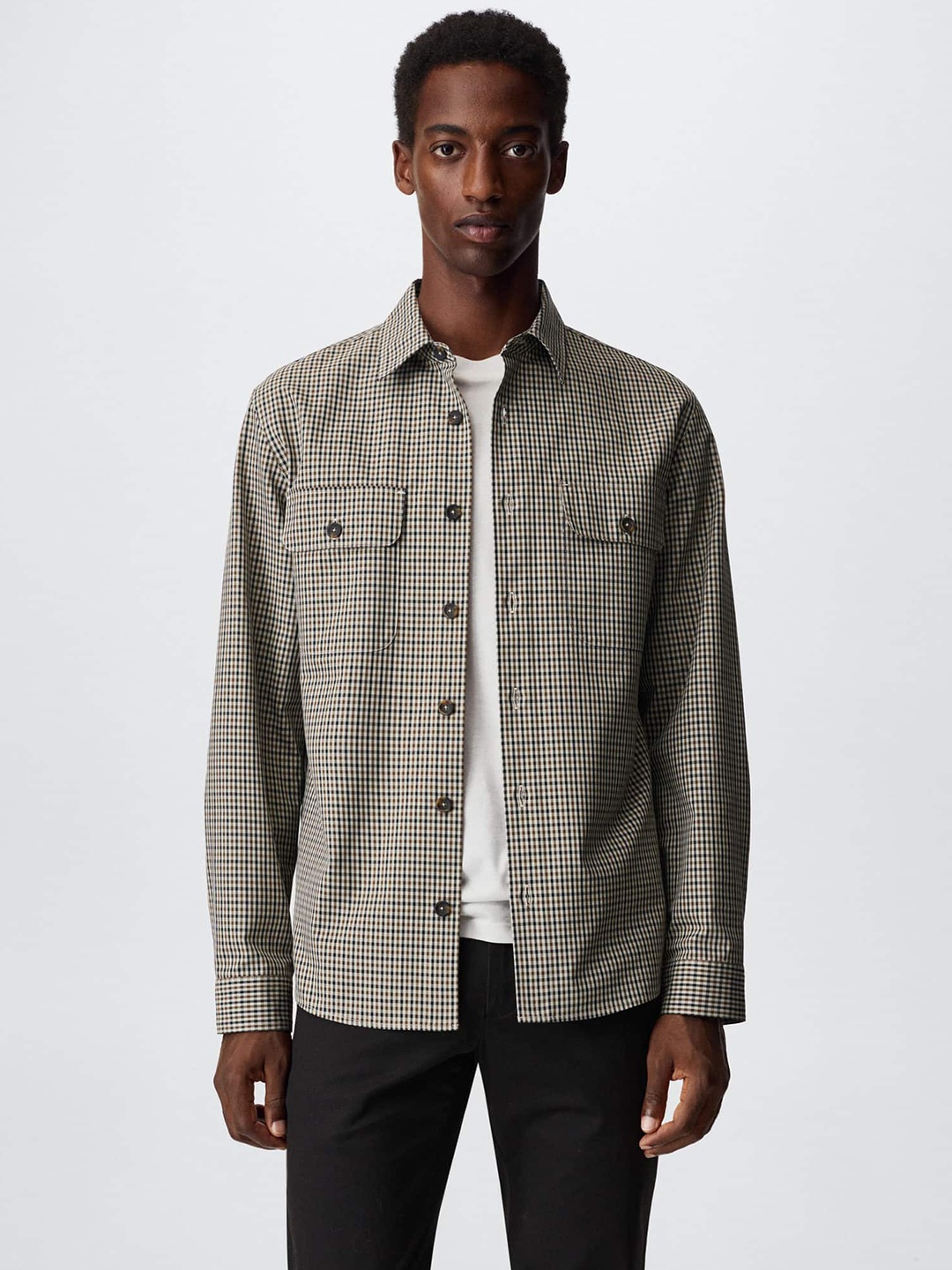 

MANGO MAN Men Off White Sustainable Gingham Checks Shacket