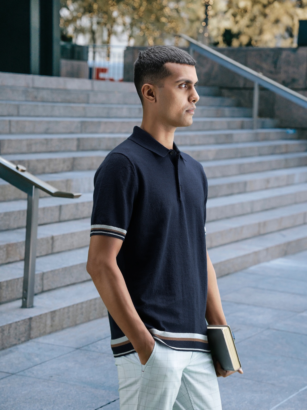 

MANGO MAN Men Navy Blue Polo Collar Solid Sustainable T-shirt