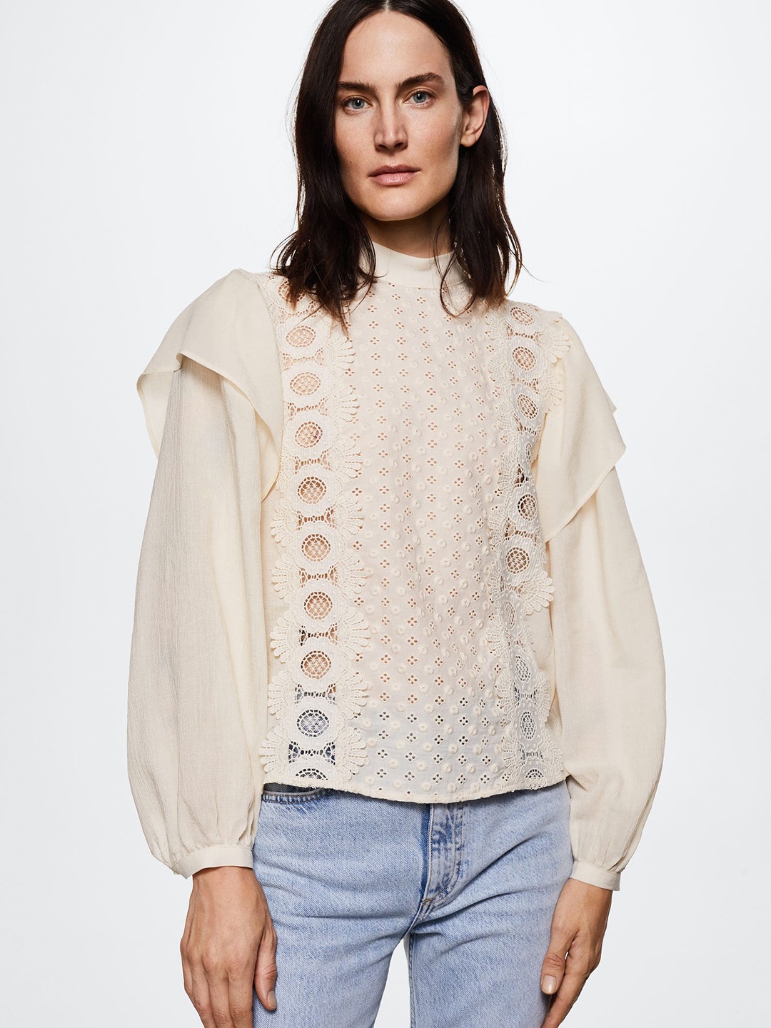 

MANGO Beige Schiffli Embroidered Ruffles Sustainable Top