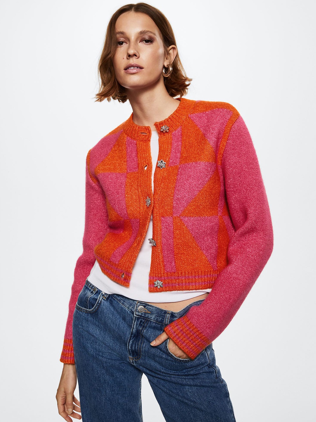 

MANGO Women Pink & Orange Sustainable Crop Sweater