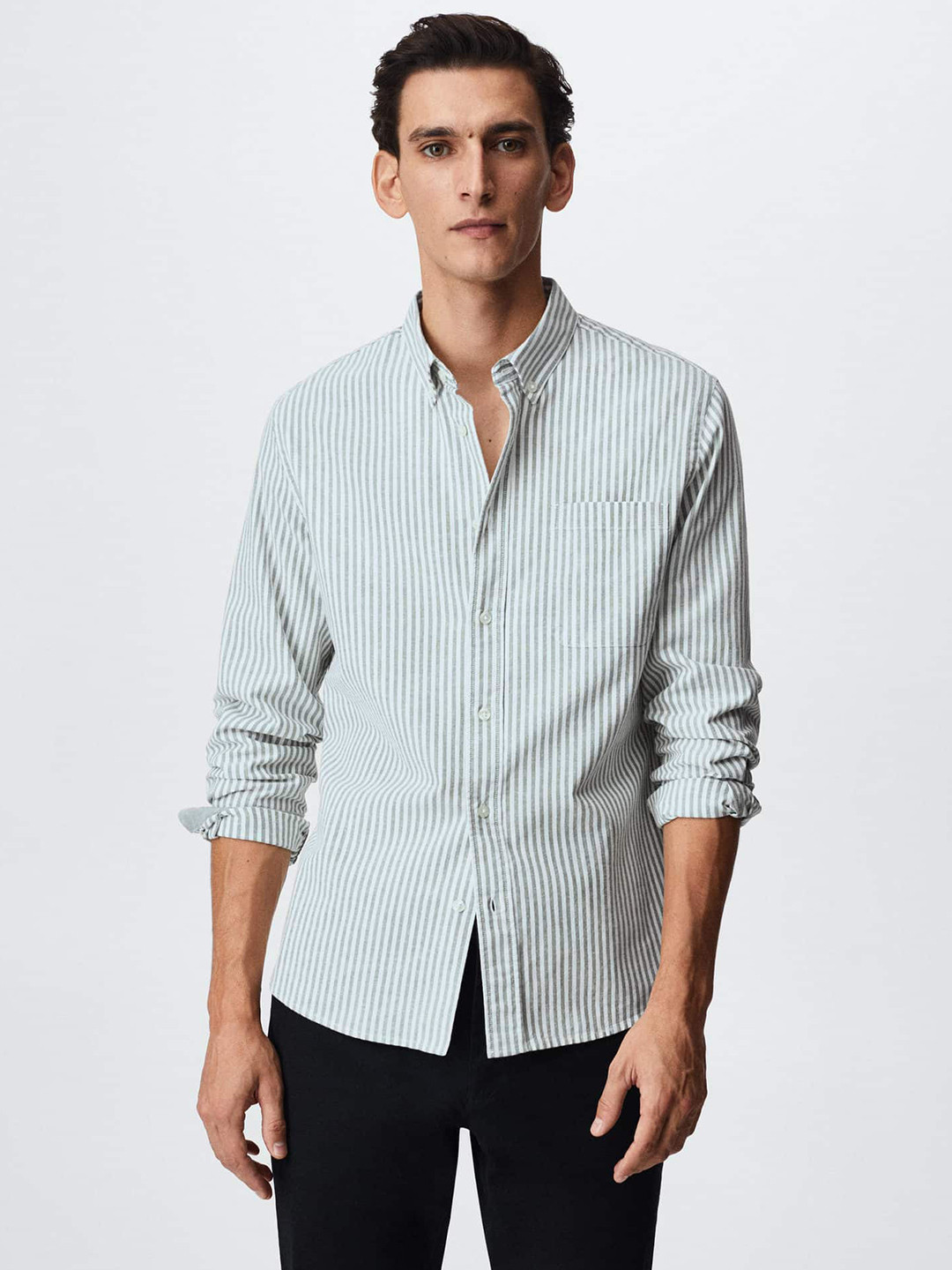

MANGO MAN White & Grey Pure Cotton Striped Sustainable Casual Shirt