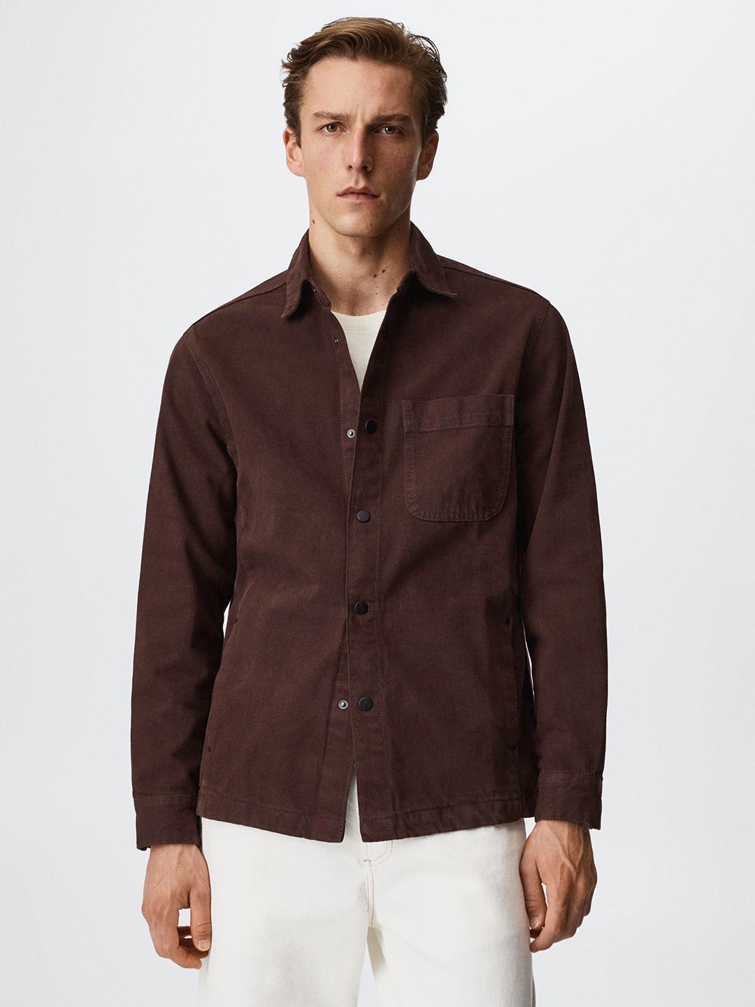 

MANGO MAN Maroon Pure Cotton Solid Pocket Denim Overshirt