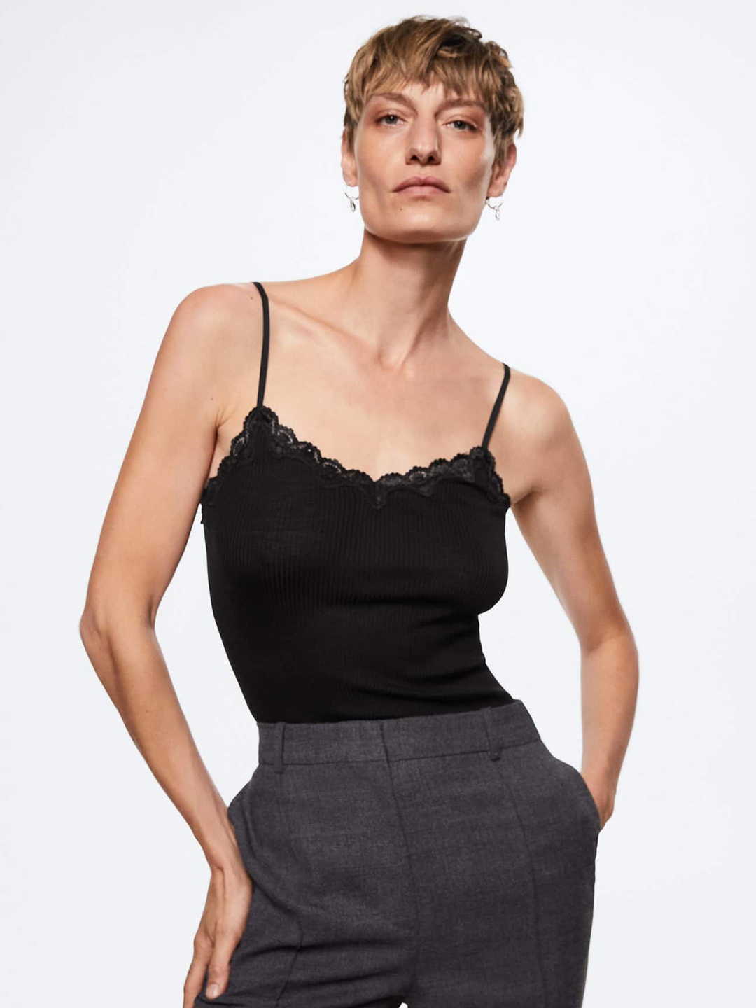 

MANGO Black Pure Silk Ribbed Camisole Top