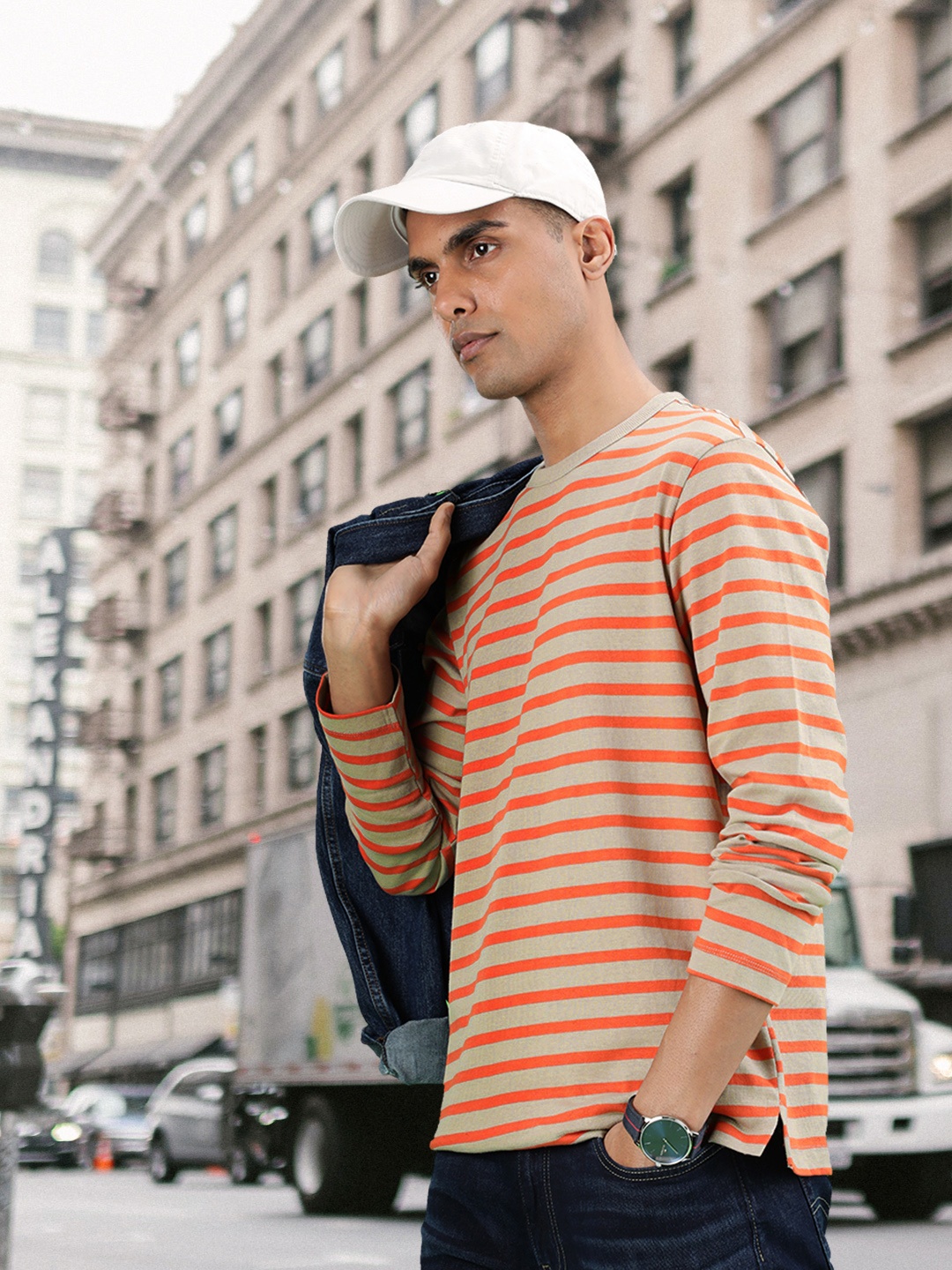 

MANGO MAN Men Beige & Orange Striped Pure Cotton Sustainable T-shirt