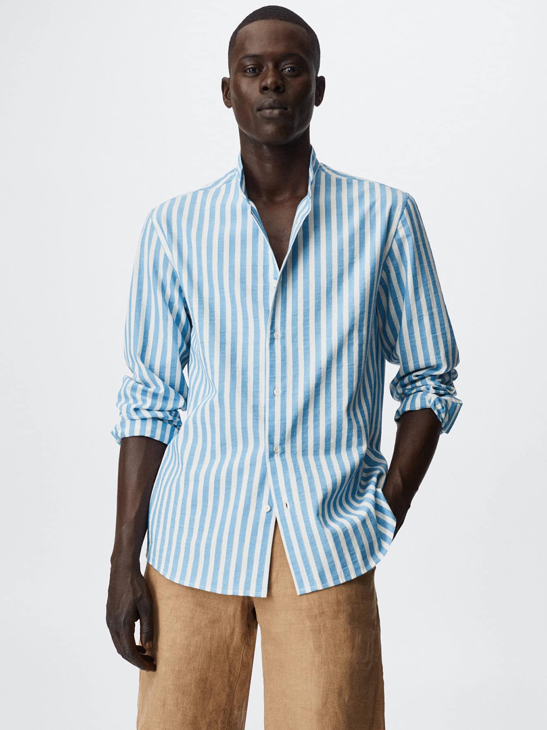 

MANGO MAN Blue & White Striped Sustainable Casual Shirt