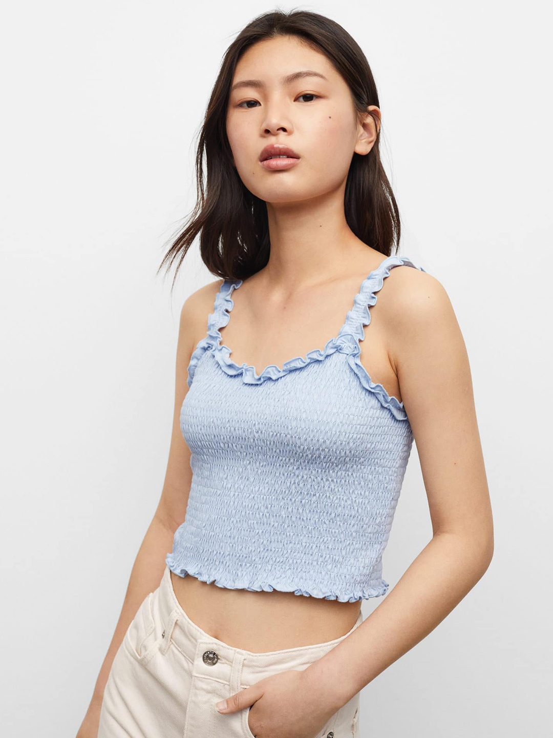 

Mango Kids Blue Solid Smocked Crop Top
