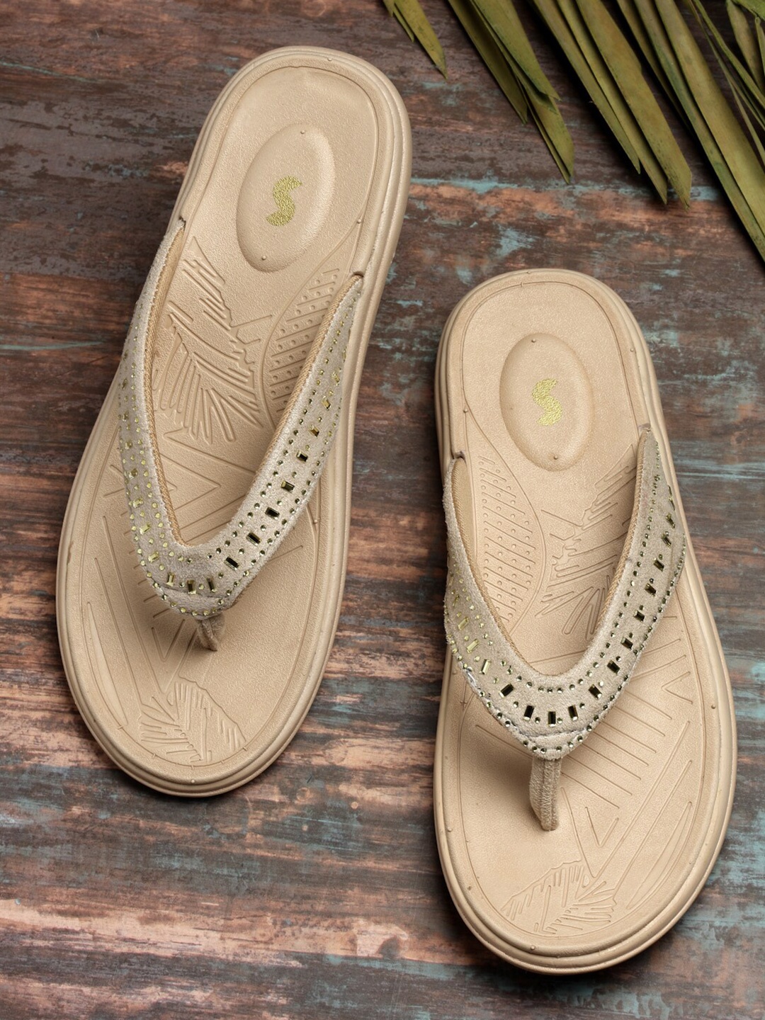 

Solethreads Women Beige Embellished Thong Flip-Flops