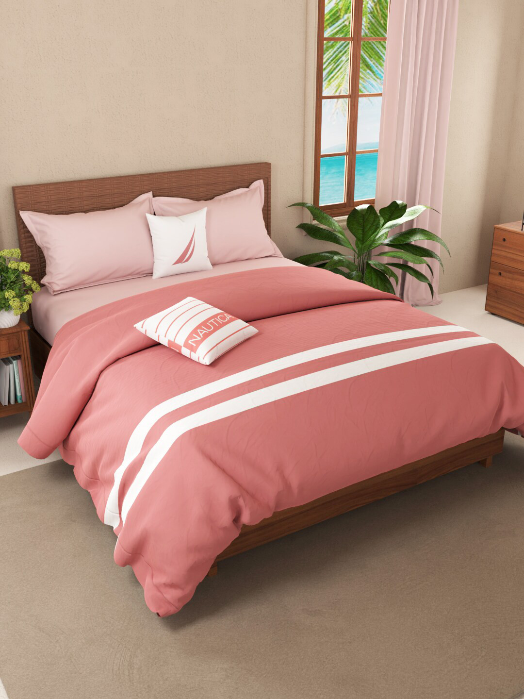 

Nautica Coral & White Striped AC Room Cotton 150 GSM Double Bed Quilt
