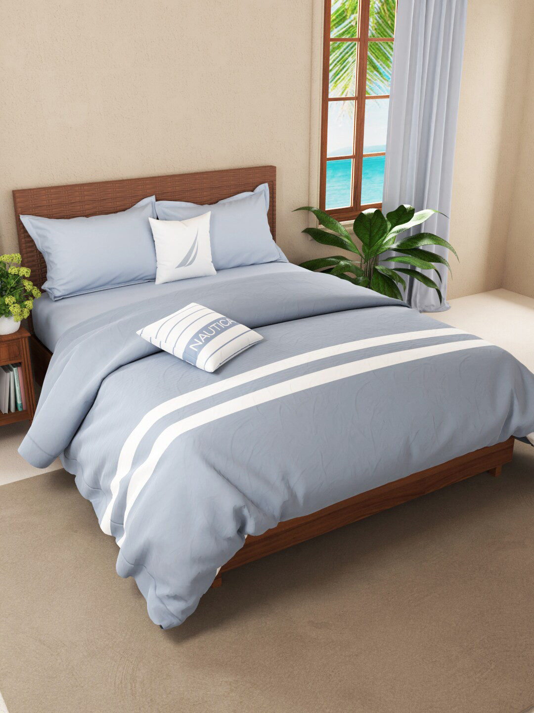 

Nautica Blue & White Striped AC Room 150 GSM Pure Cotton Double Bed Quilt