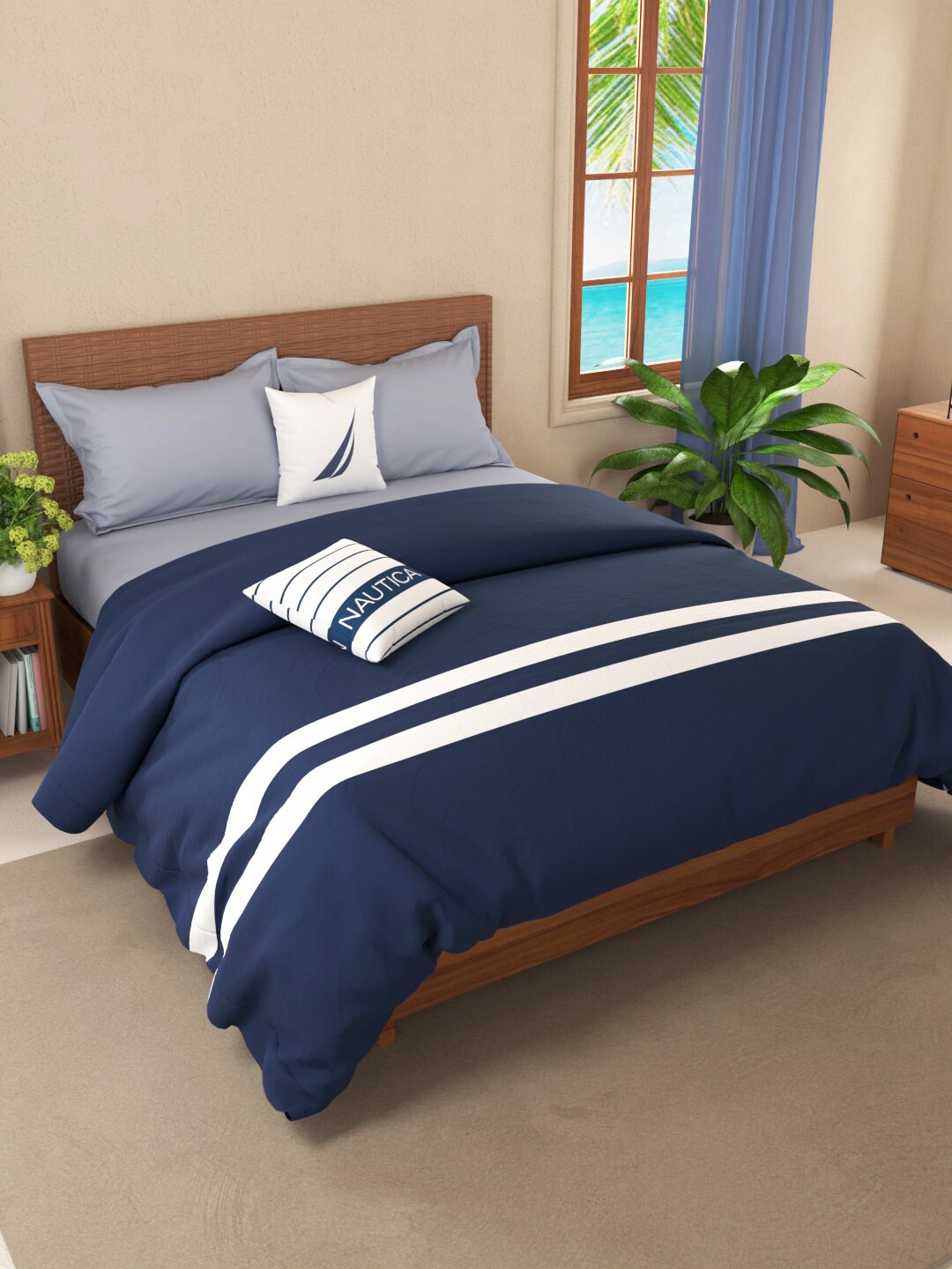 

Nautica Navy Blue & White Striped AC Room Cotton 150 GSM Double Bed Quilt