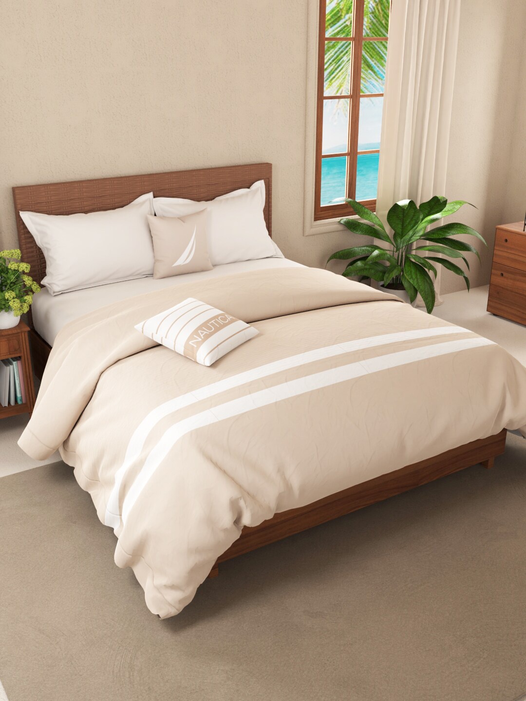 

Nautica Beige & White Striped AC Room 150 GSM Double Bed Quilt