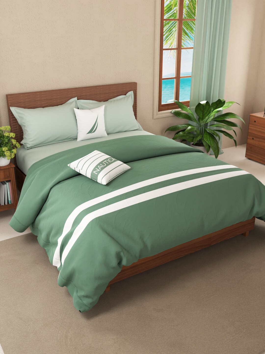 

Nautica Olive Green & White Striped AC Room Cotton 150 GSM Double Bed Quilt