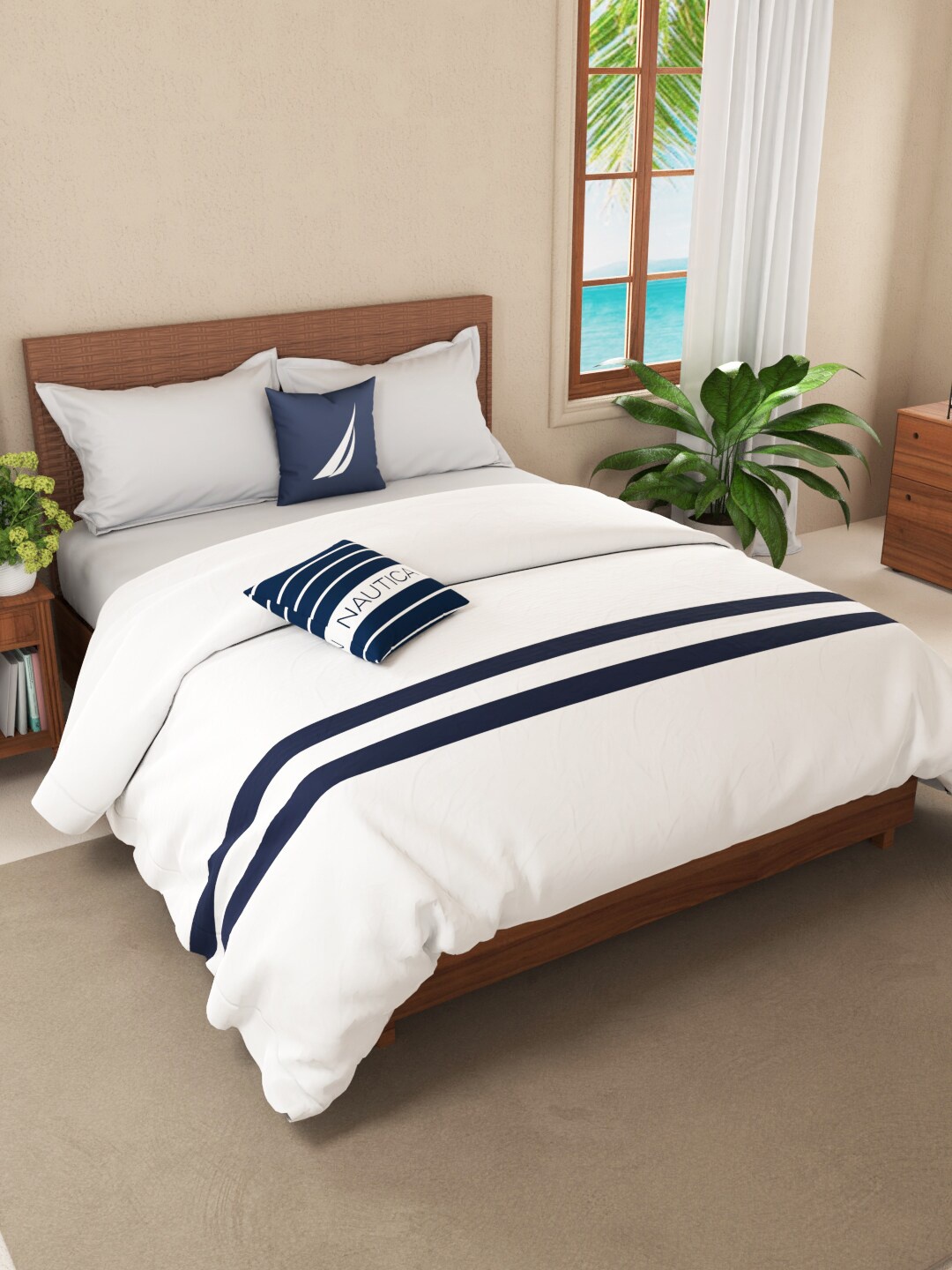 

Nautica White & Navy Blue Striped AC Room 150 GSM Pure Cotton Double Bed Quilt