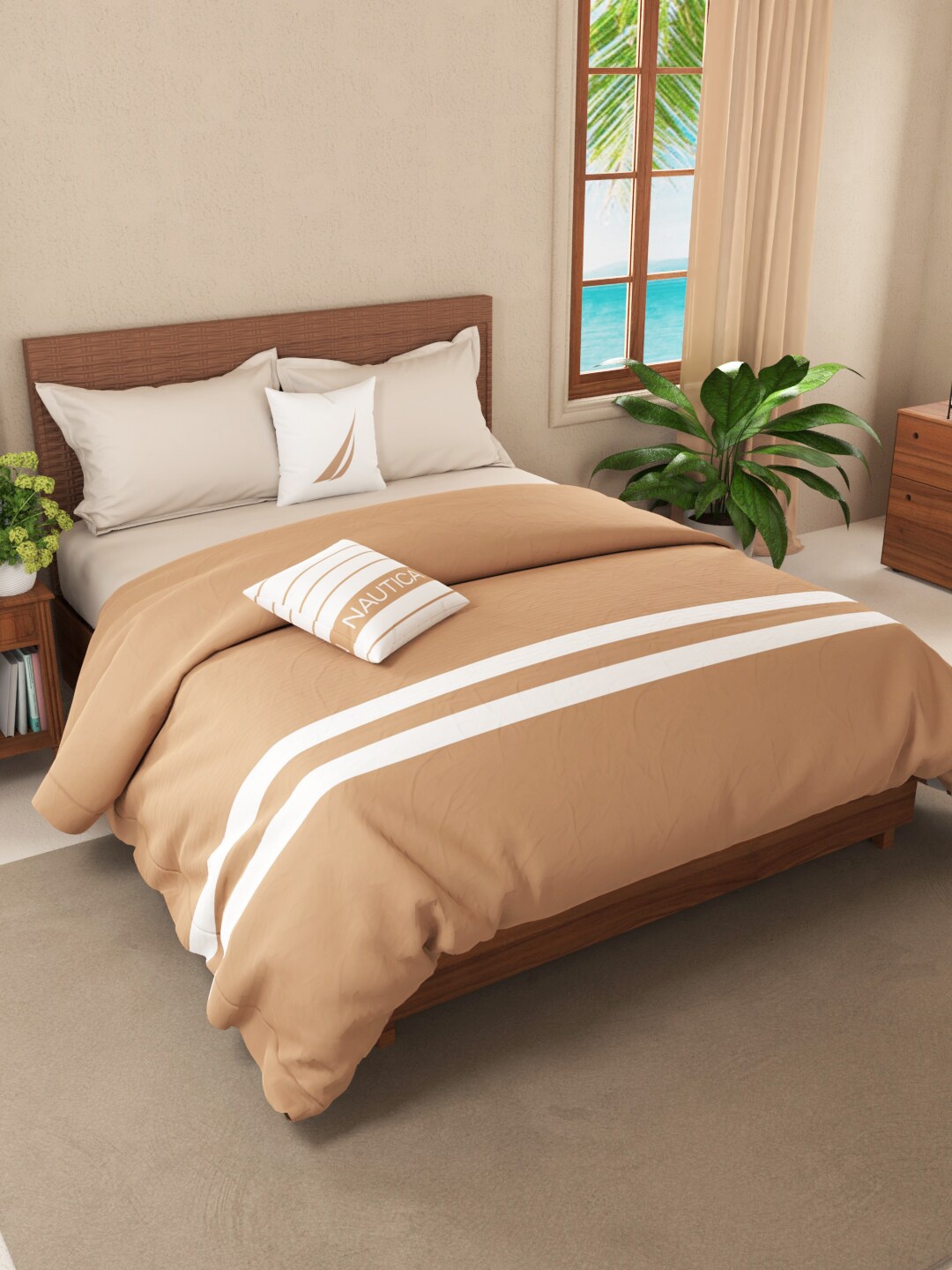 

Nautica Tan & White Striped AC Room Cotton 150 GSM Double Bed Quilt
