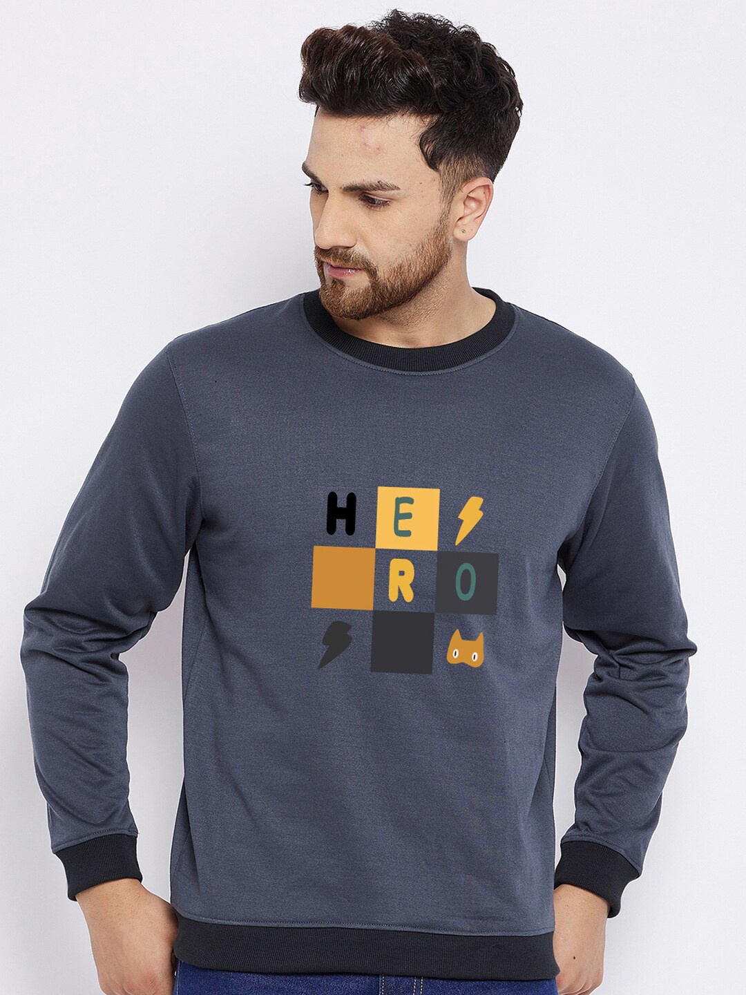 

FRENCH FLEXIOUS Men Navy Blue & Yellow Printed Cotton Sweatshirt