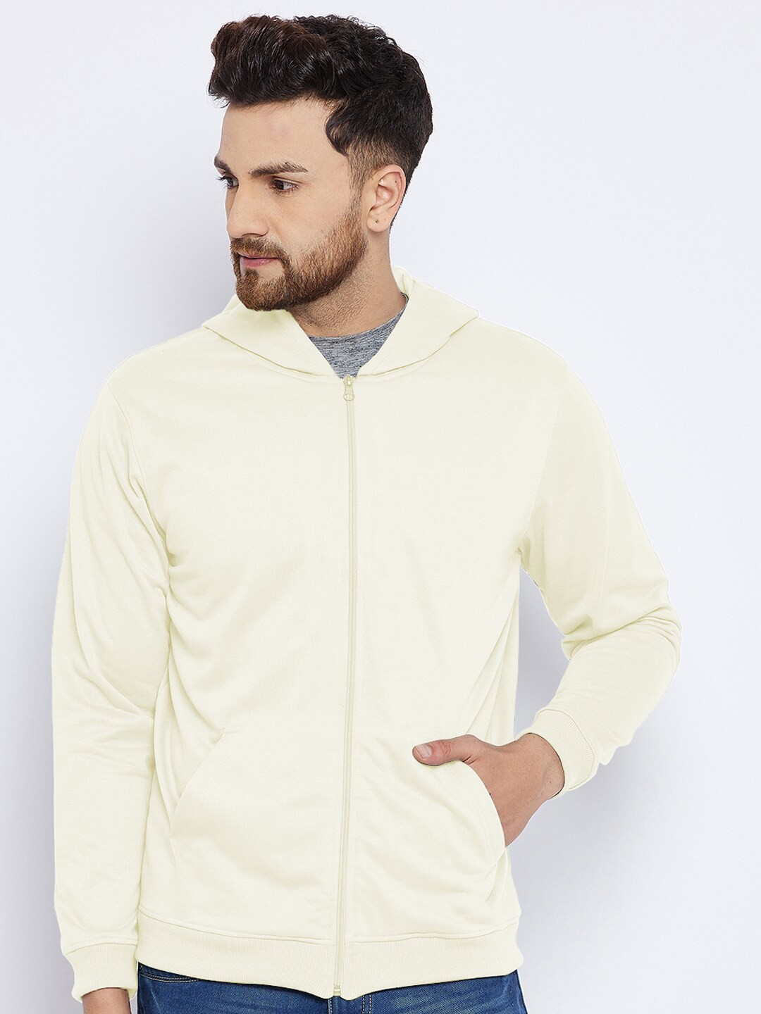 

FRENCH FLEXIOUS Men Off White Front-Open Cotton Hooded Sweatshirt