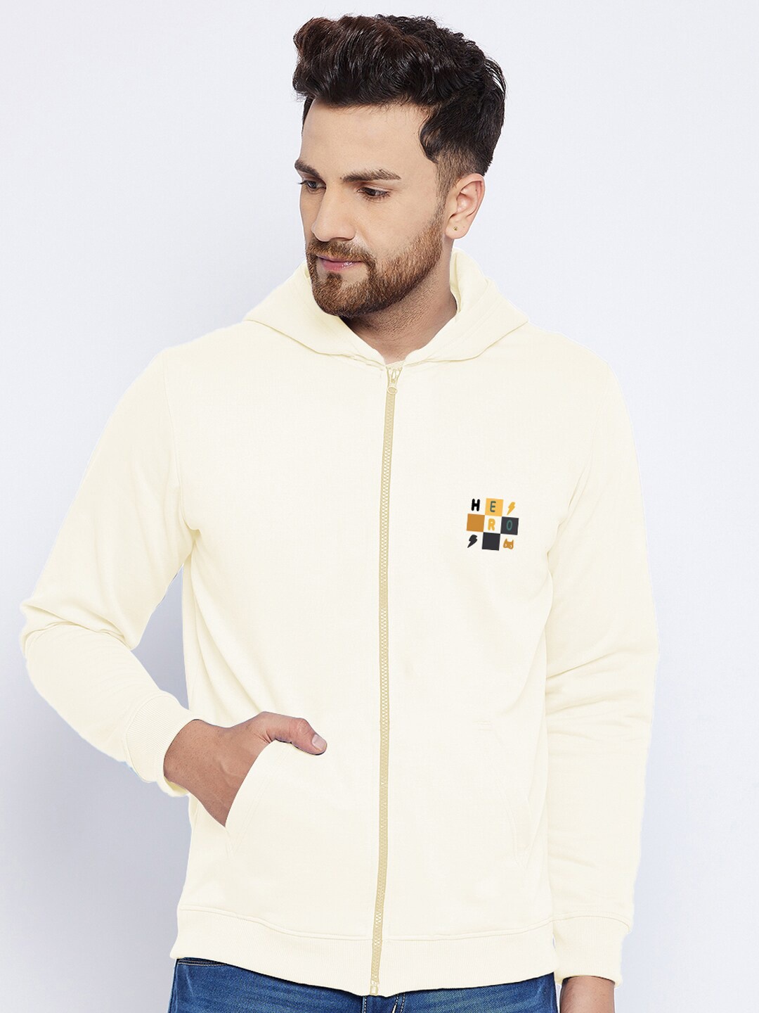 

FRENCH FLEXIOUS Men Off White Front-Open Cotton Hooded Sweatshirt