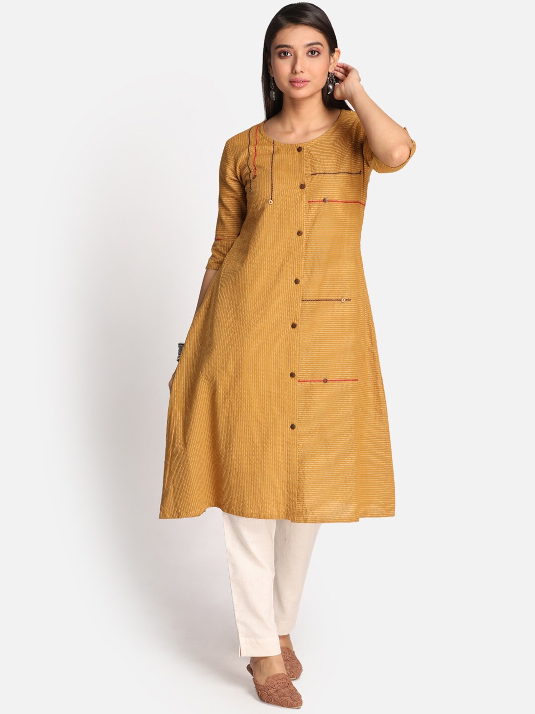 

Earthwear Women Mustard Yellow Thread Work Kurta