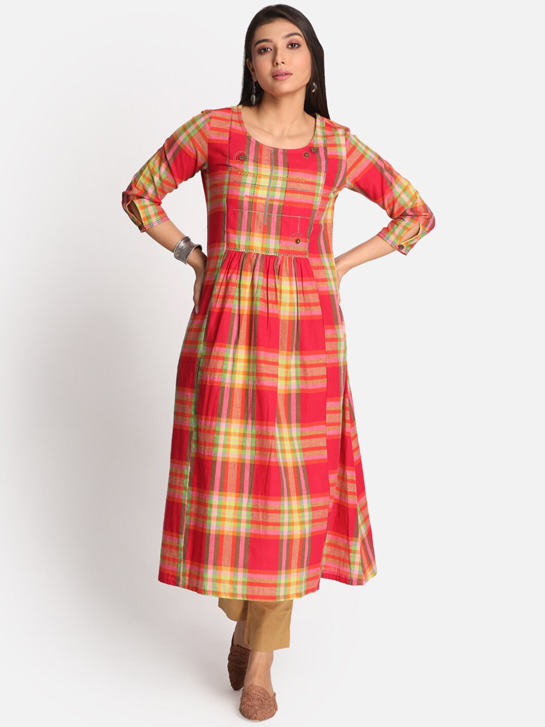 

Earthwear Women Fuchsia Checked Kurta