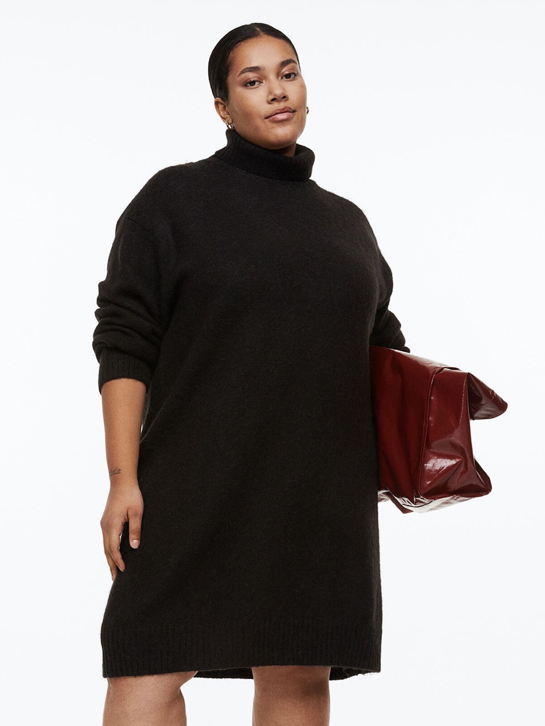 

H&M+ Women Solid Knitted Polo-Neck dress, Black