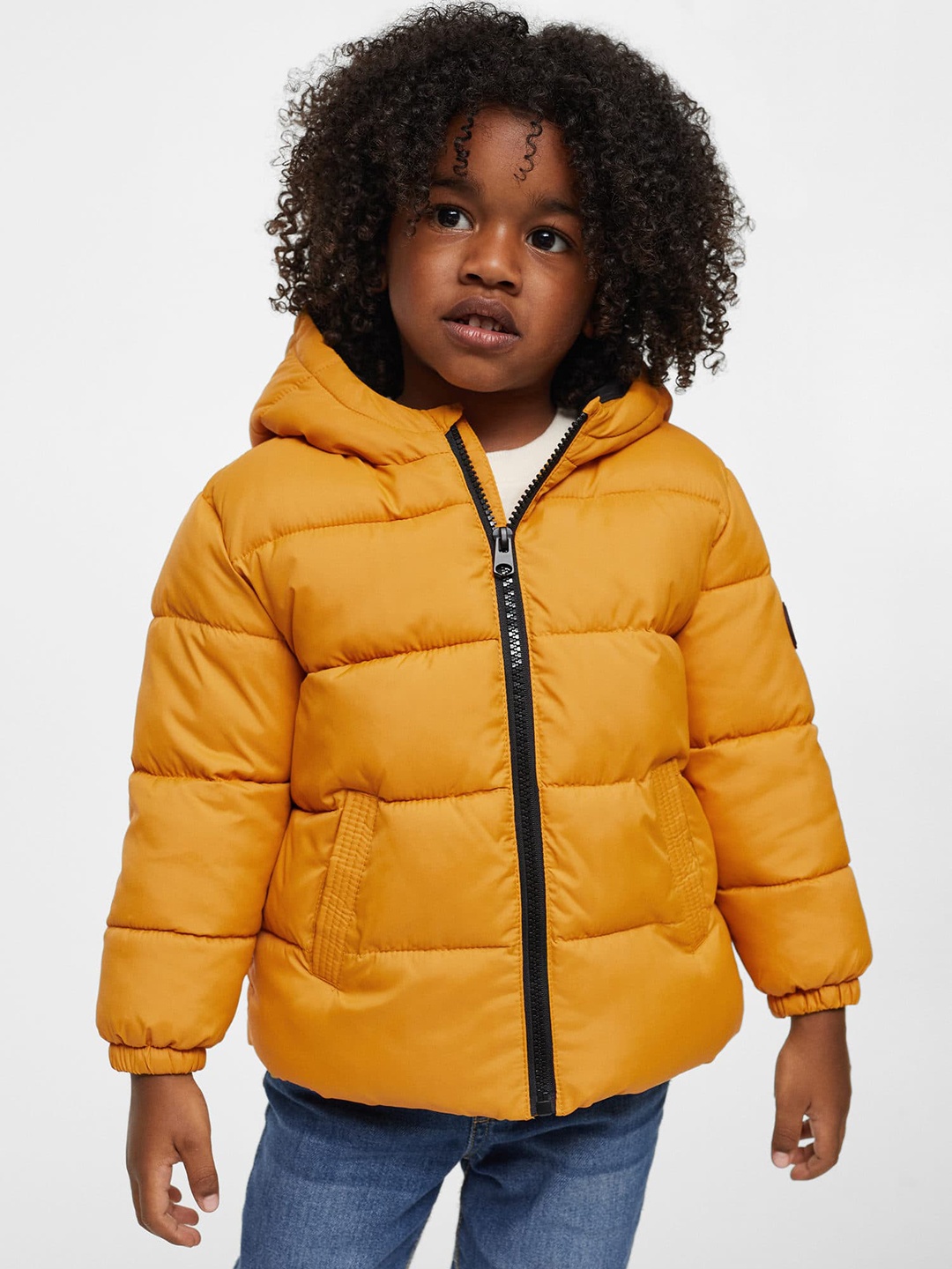 

Mango Kids Boys Mustard Yellow Solid Hooded Puffer Sustainable Jacket