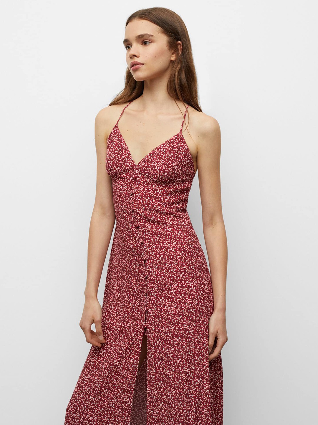 

Mango Kids Girls Red & Off White Floral Print Sustainable Midi A-Line Dress