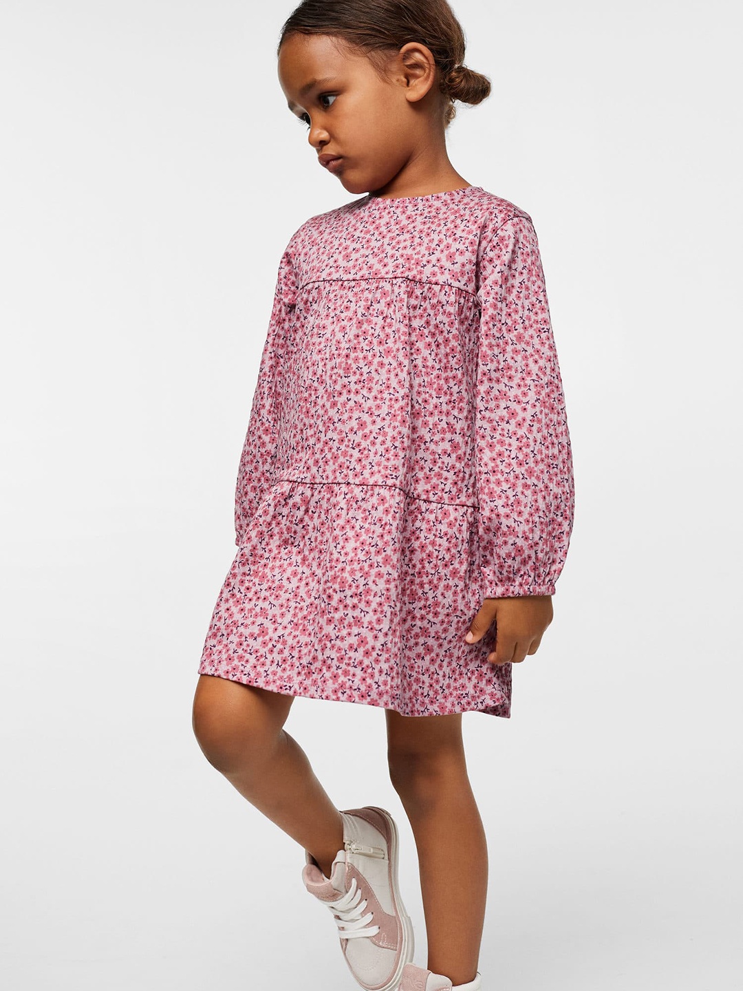 

Mango Kids Girls Dusty Pink Floral Print Puff Sleeves Tiered A-Line Sustainable Dress, Rose