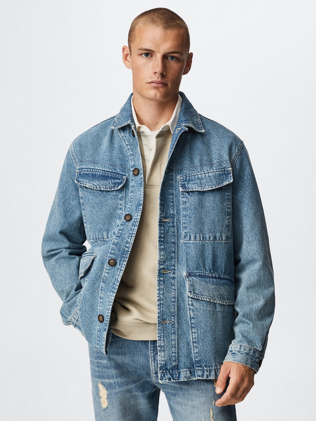 

MANGO MAN Blue Solid Pure Cotton Denim Jacket