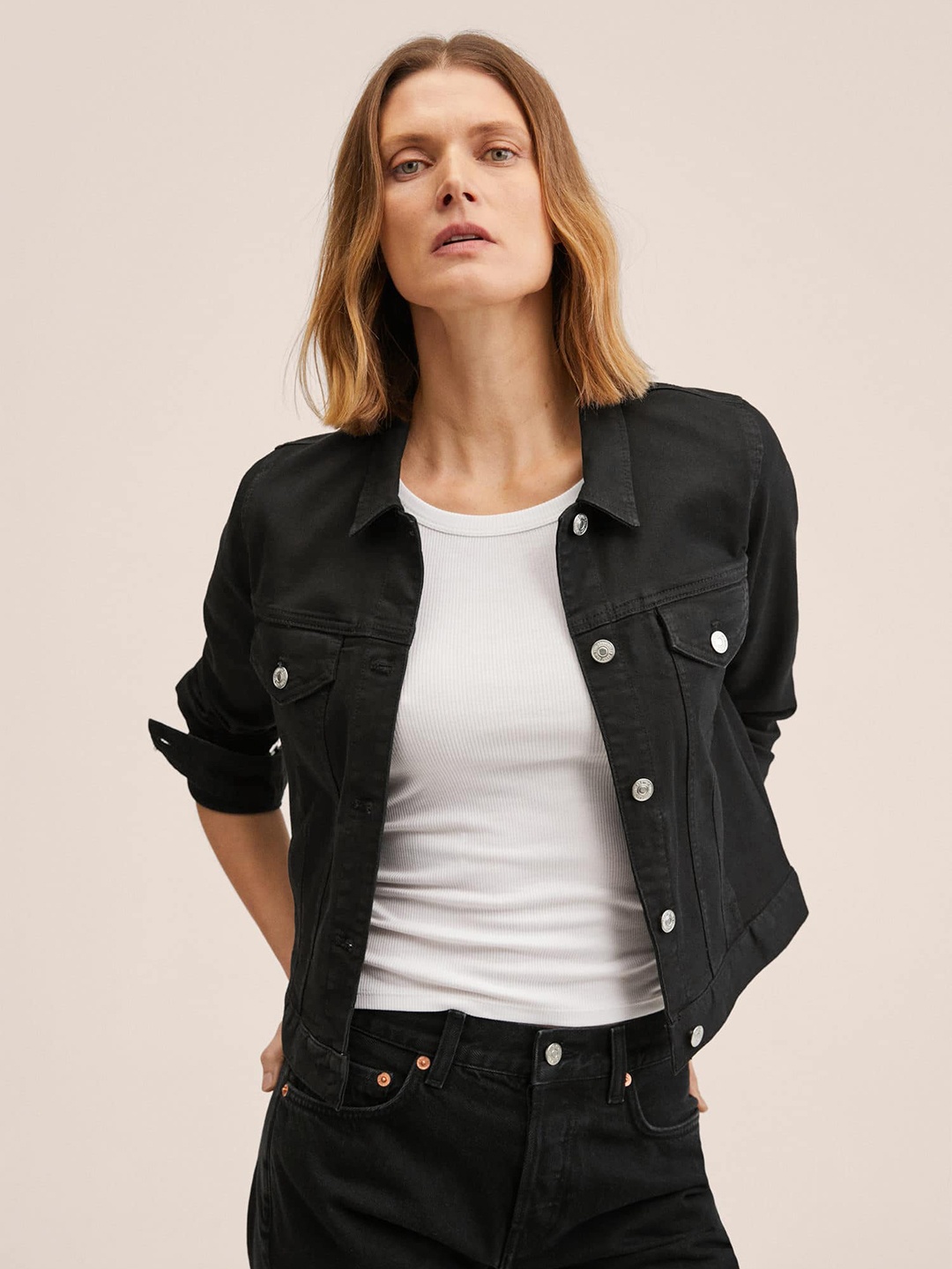 

MANGO Women Solid Denim Sustainable Jacket, Black