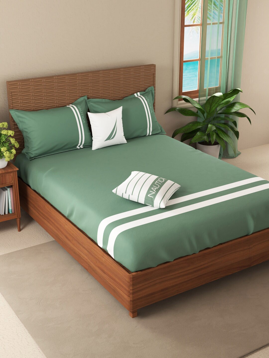 

Nautica Olive Green & White Striped 210 TC King Bedsheet with 2 Pillow Covers