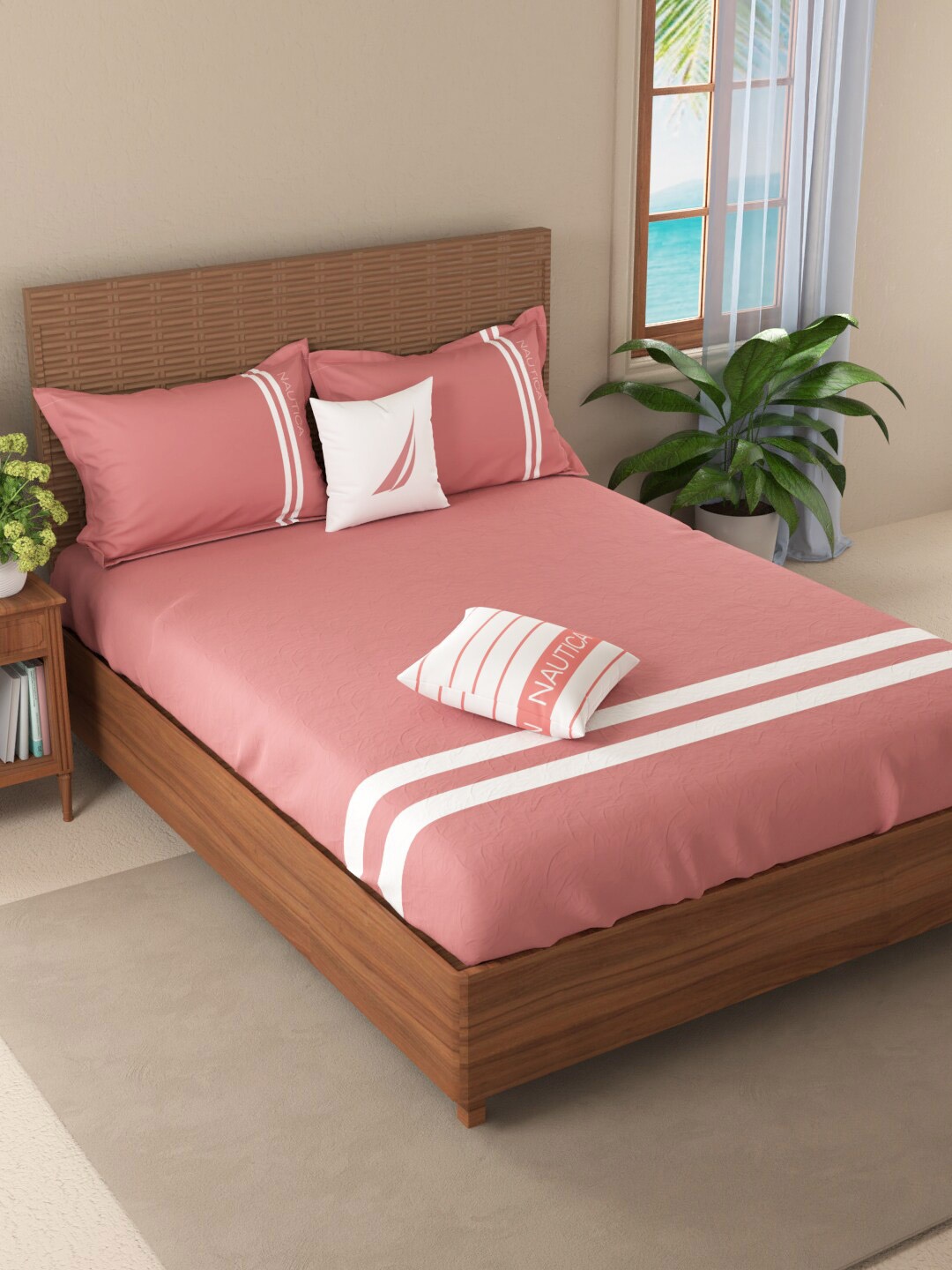 

Nautica Coral & White Striped 210 TC King Bedsheet with 2 Pillow Covers