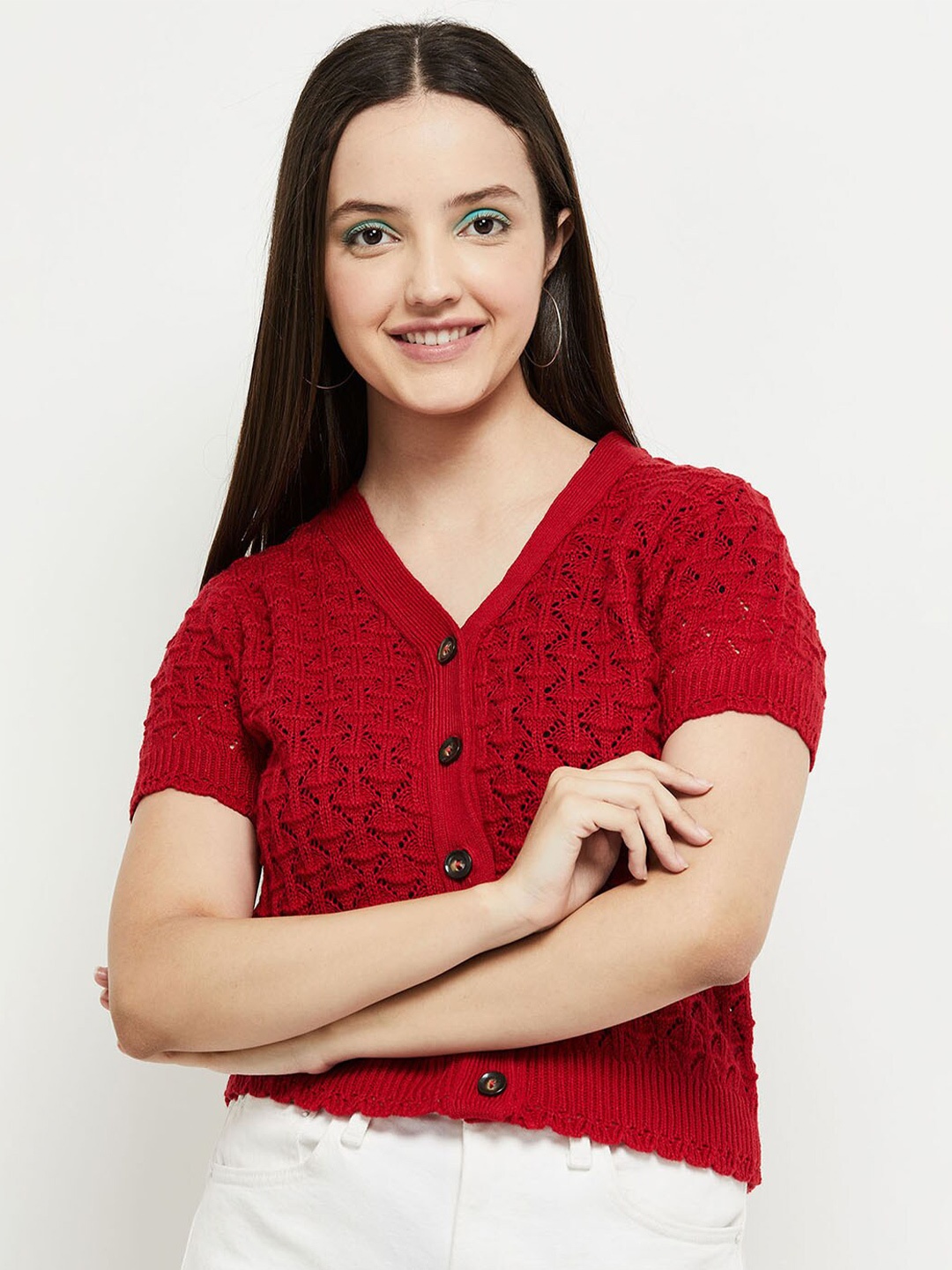 

max Women Red Self Design Cardigan